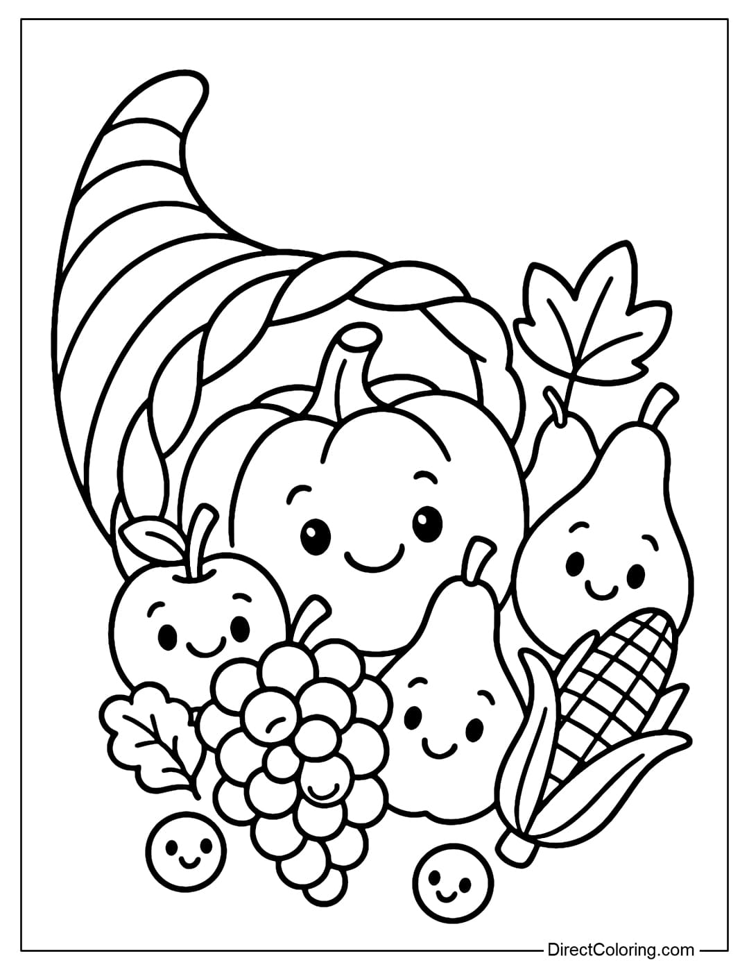 Cornucopia coloring page with cartoon style, round and funny fruits.