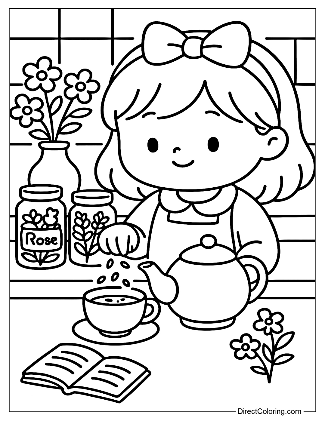 A coloring page of a cute girl making tea from dried flower petals, with a recipe book, a vase of 