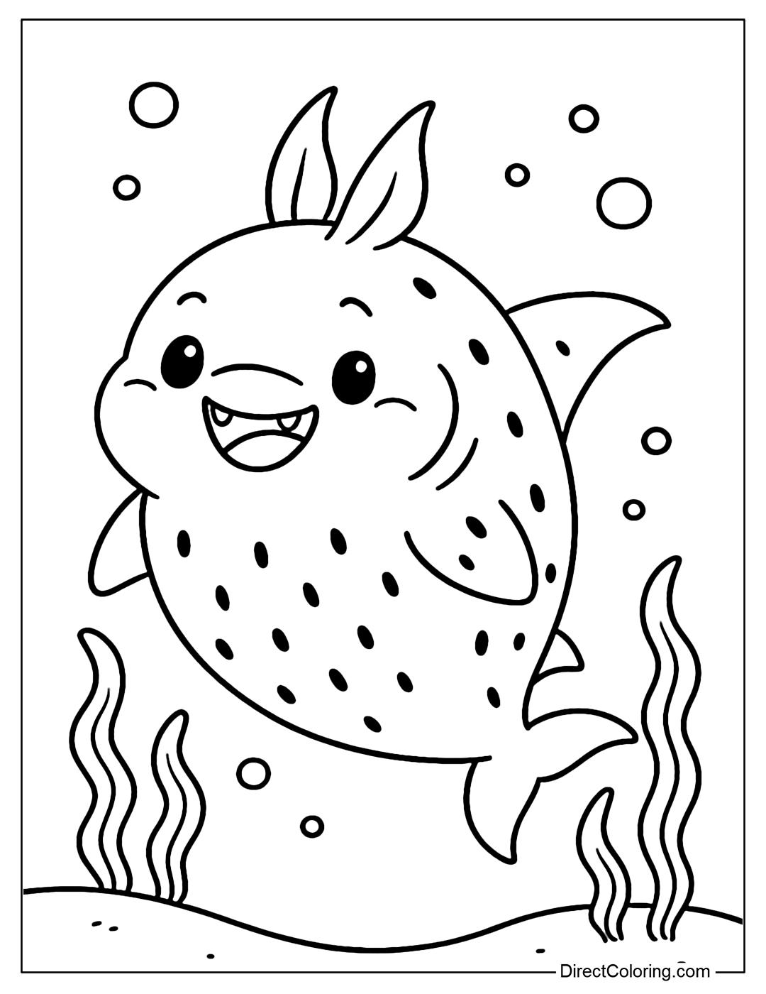 Dragonfruit Shark Coloring Page. Plump shark with pointed fins like dragonfruit ears, pink body with tiny black seeds.