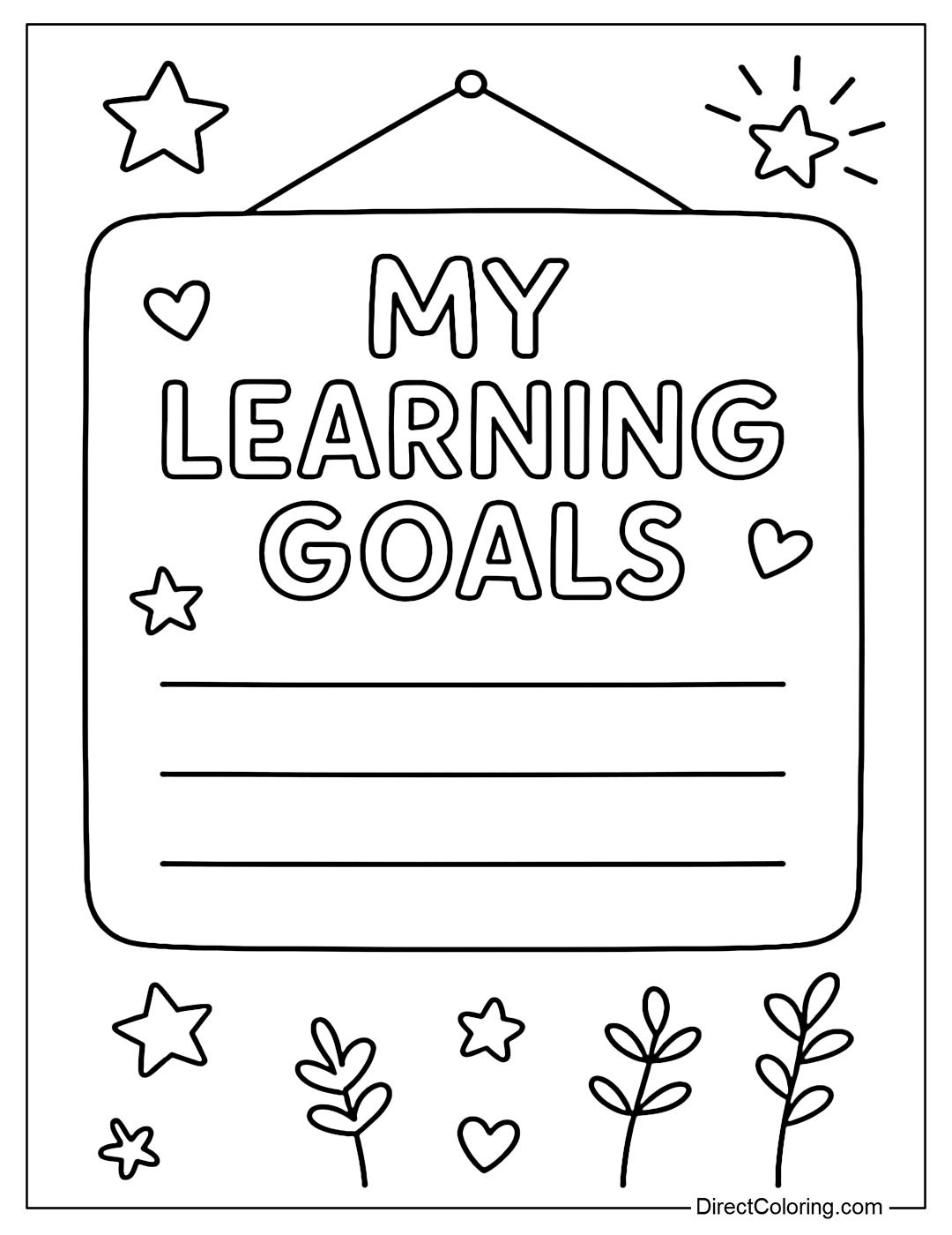 Coloring page with children's learning goals, decorated with stars, hearts, trees.