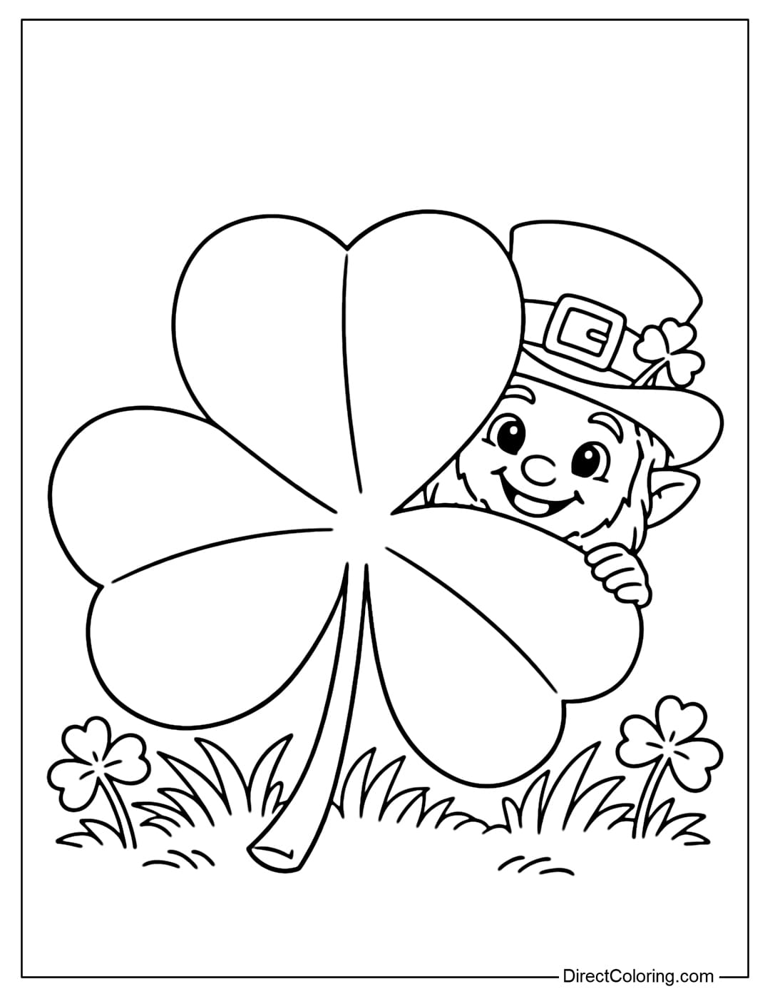 A coloring page of a Leprechaun hiding behind a giant three-leaf clover, only its adorable smiling face peeking out.