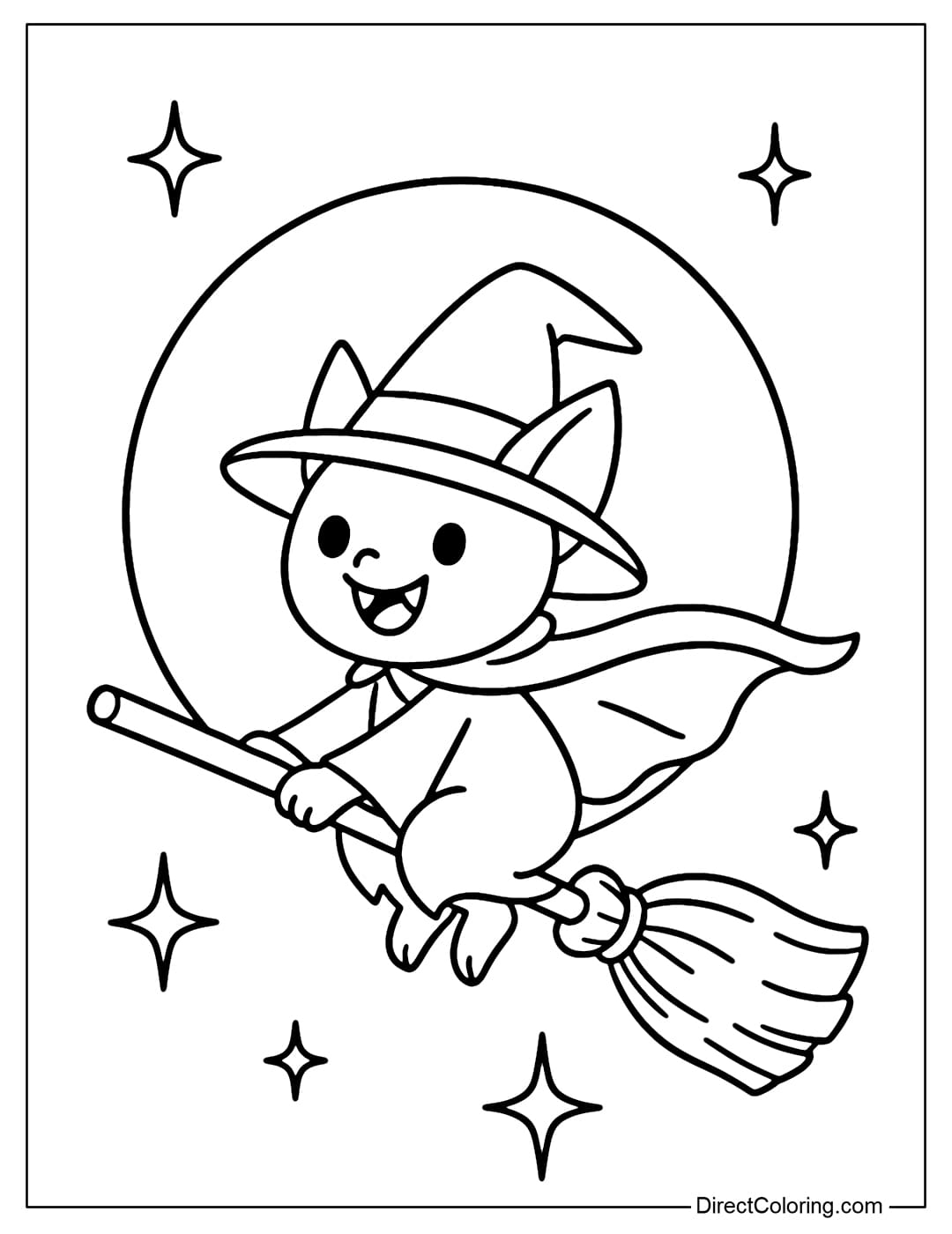 A coloring page of a bat transformed into a little witch, riding on a broomstick flying over the moon.