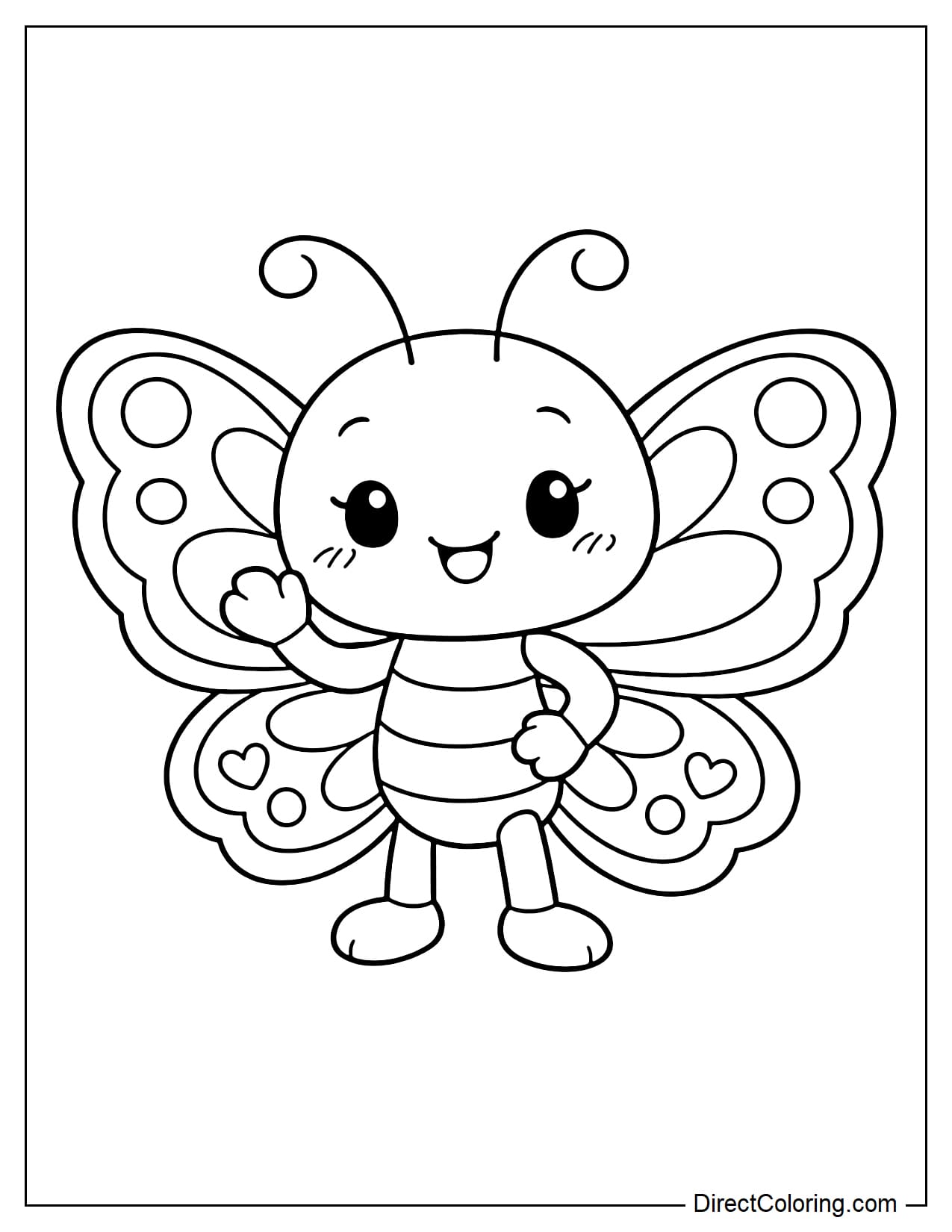 A butterfly with legs and arms is smiling brightly and waving one arm to say hello.