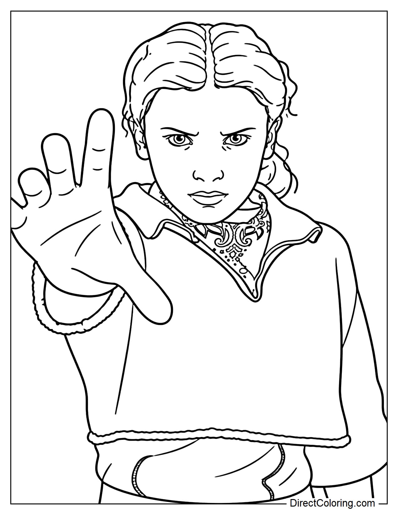 Eleven extends one hand forward with a determined expression, capturing a powerful moment as she focuses her psychic abilities.