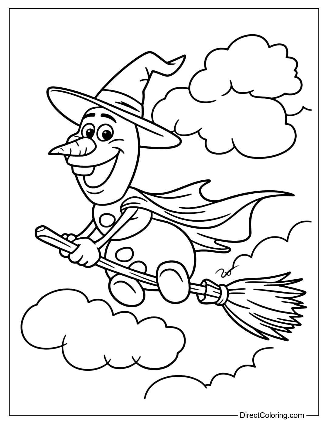 Coloring page of Olaf wearing a witch hat, wearing a cape, riding a broomstick flying in the sky with clouds around