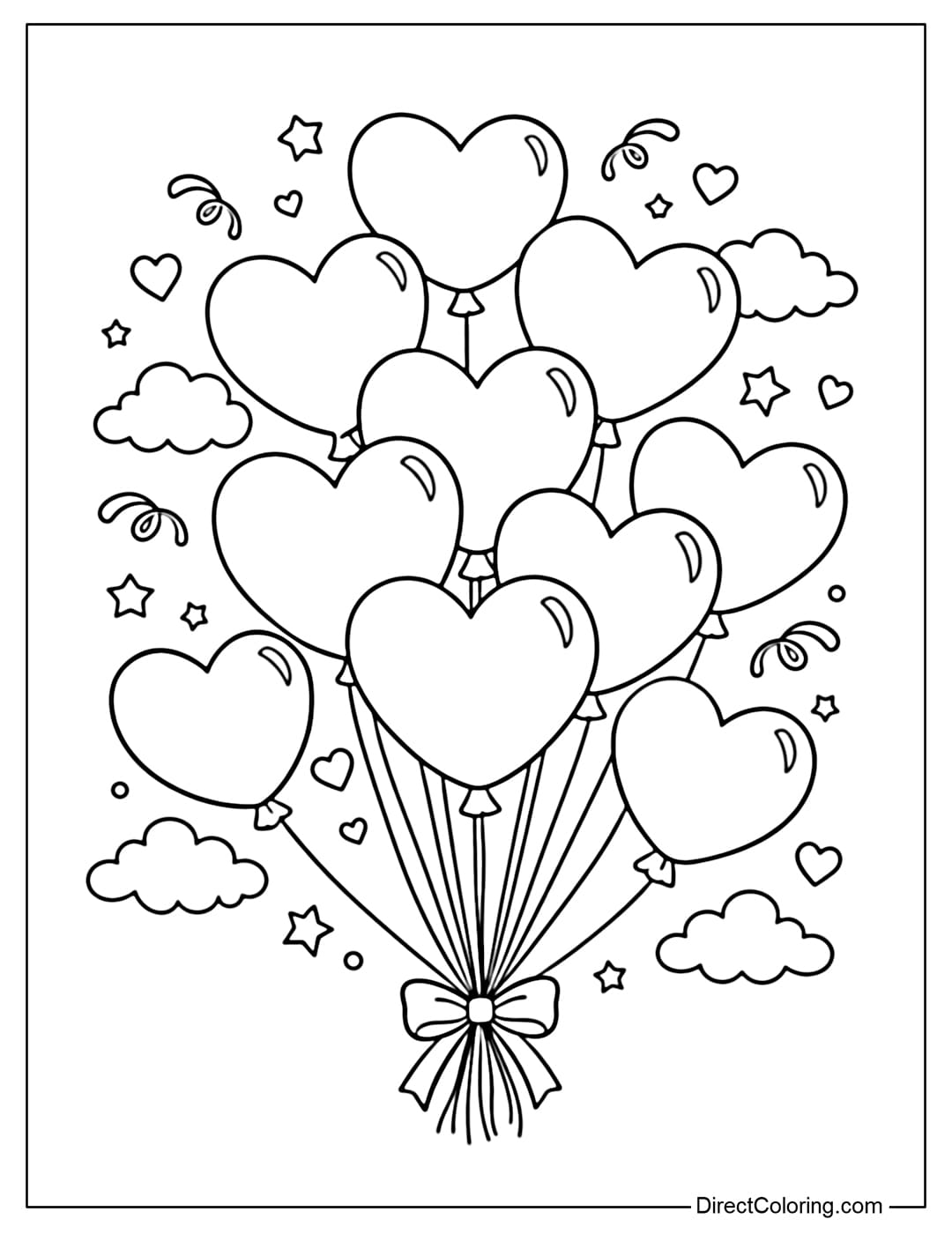 Coloring page of many heart-shaped balloons floating, arranged in a cute, staggered style.