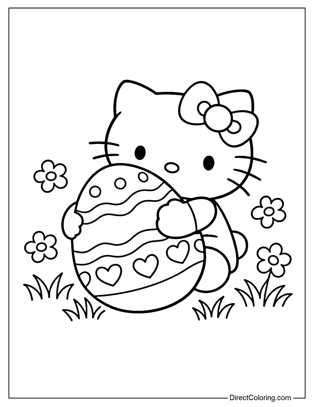 Hello Kitty is hugging a large, simply decorated Easter egg, surrounded by small flowers and grass.