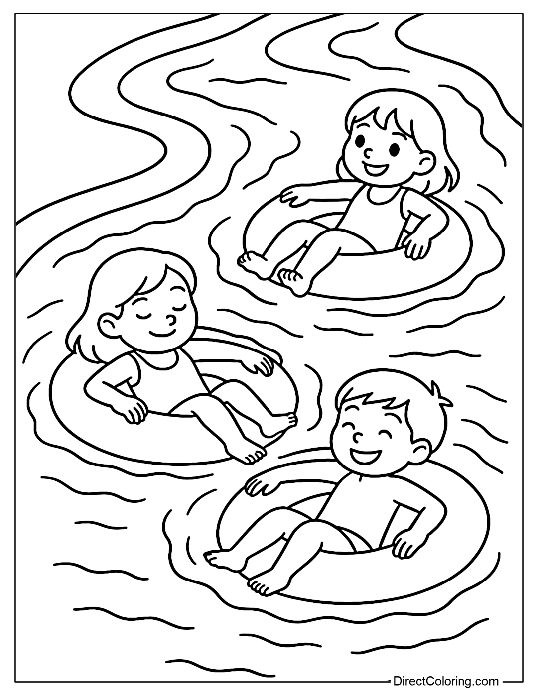 Coloring page of children drifting along the water around the pool, relaxing on the floating float.