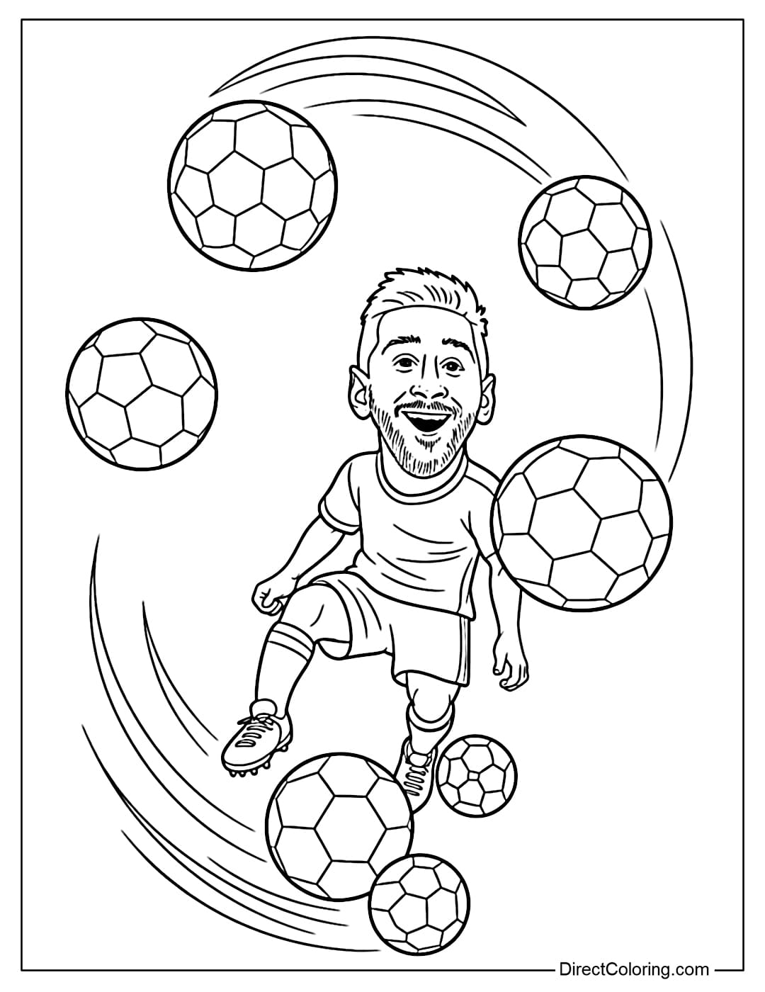 Coloring page of Lionel Messi juggling multiple balls simultaneously.
