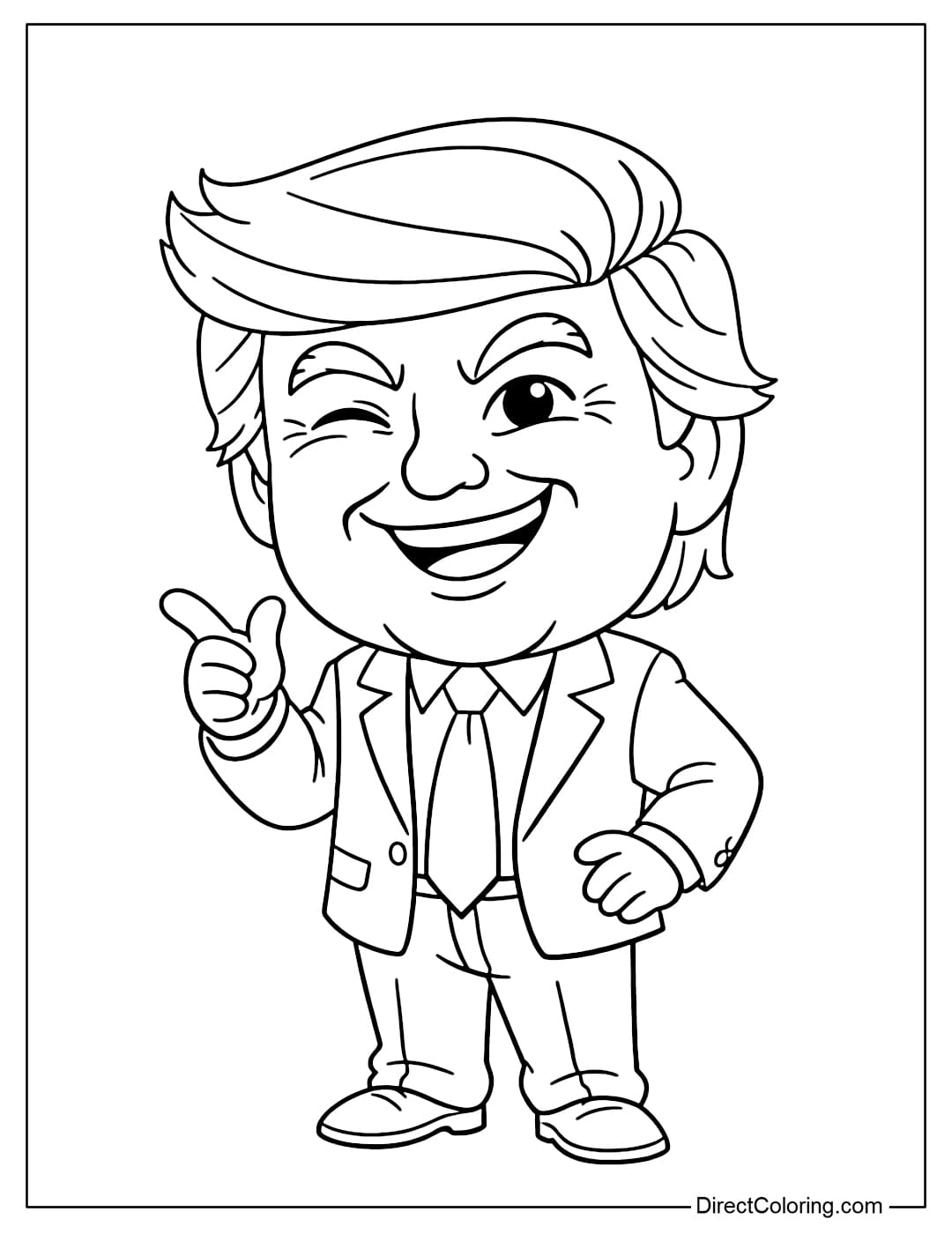 Coloring page of Donald Trump posing with a witty smile and winking, a mischievous cartoon-style expression.