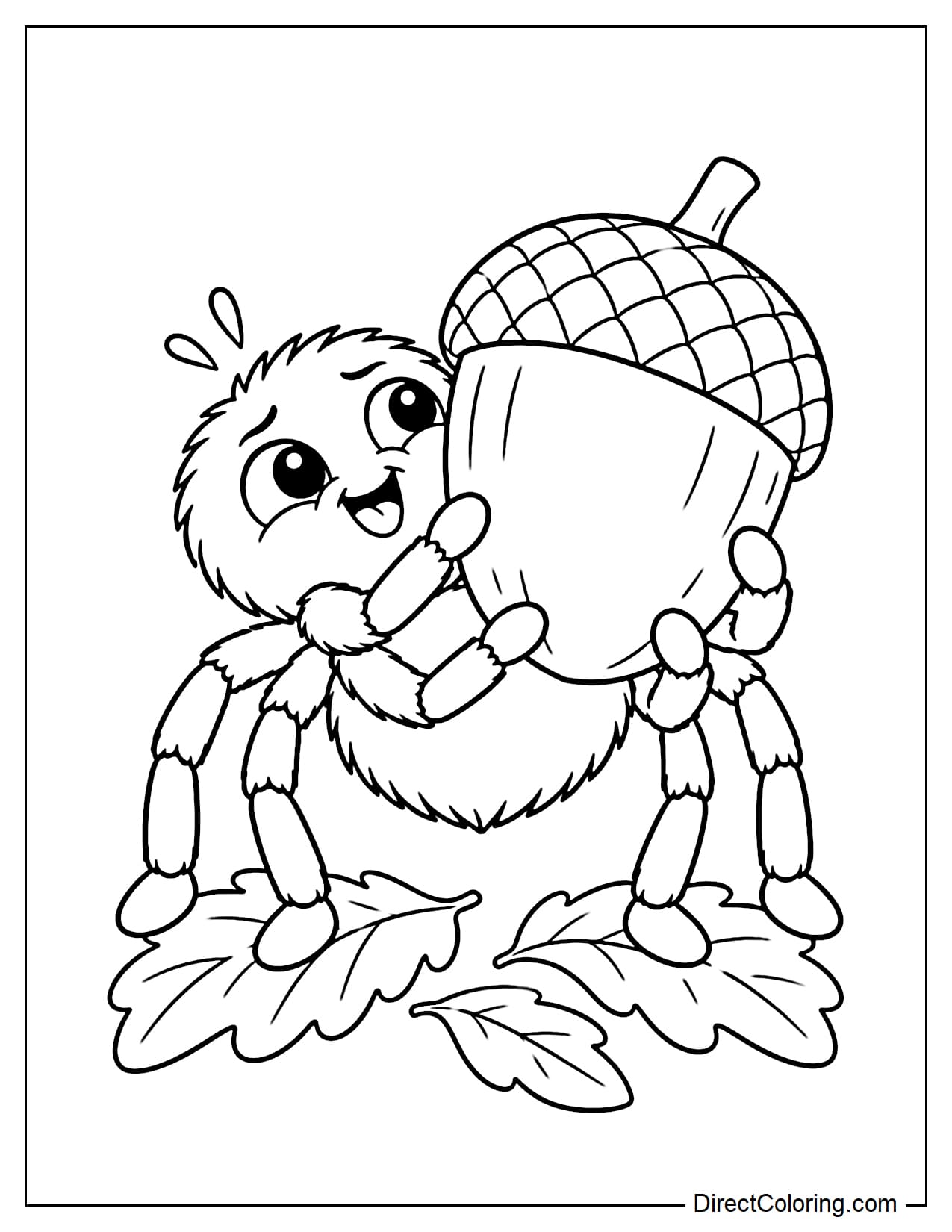 A cute spider uses several of its legs to hold and lift a giant acorn in front of its body.