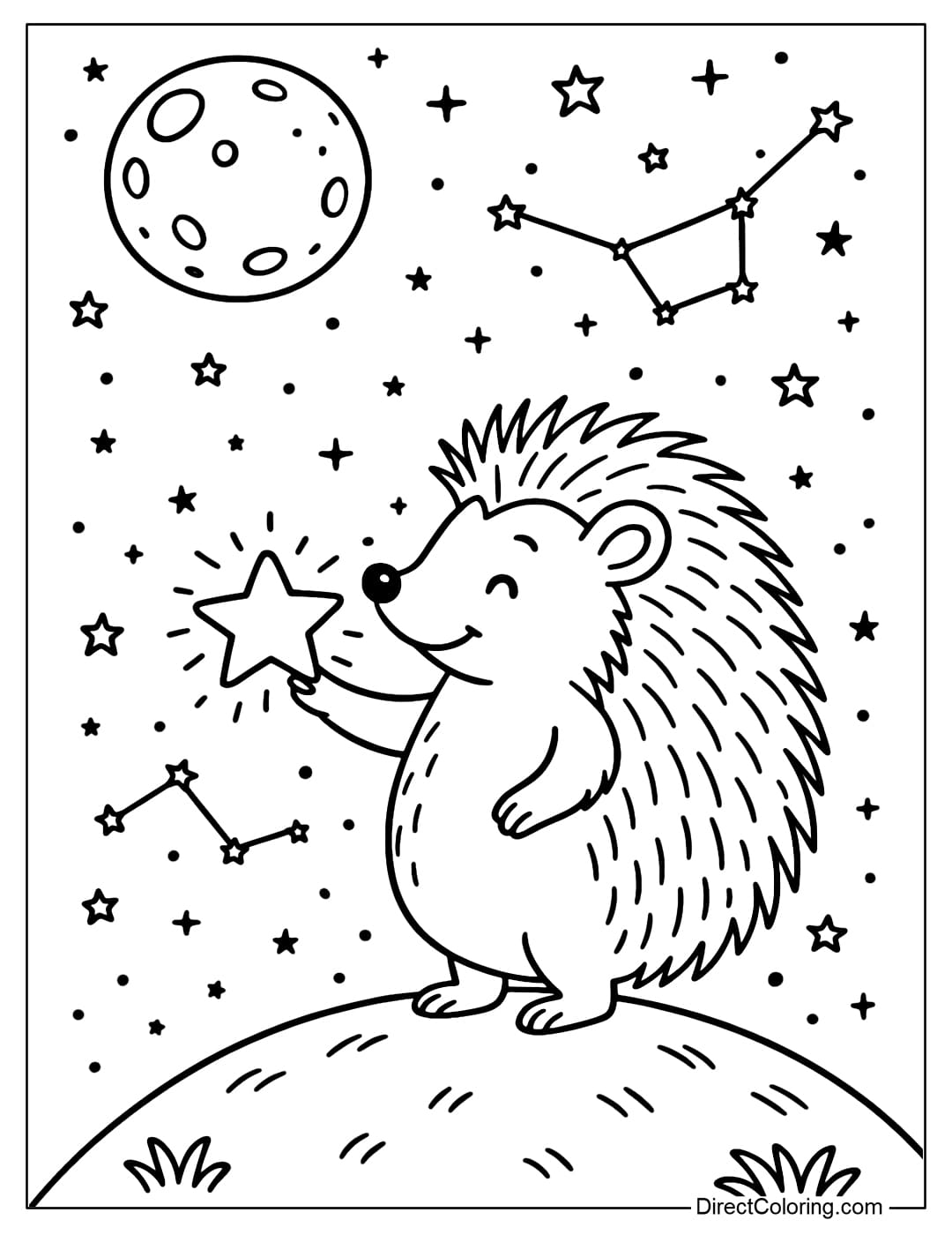 Hedgehog with Star Coloring Page Coloring page of a little hedgehog holding a sparkling star in his hand.
