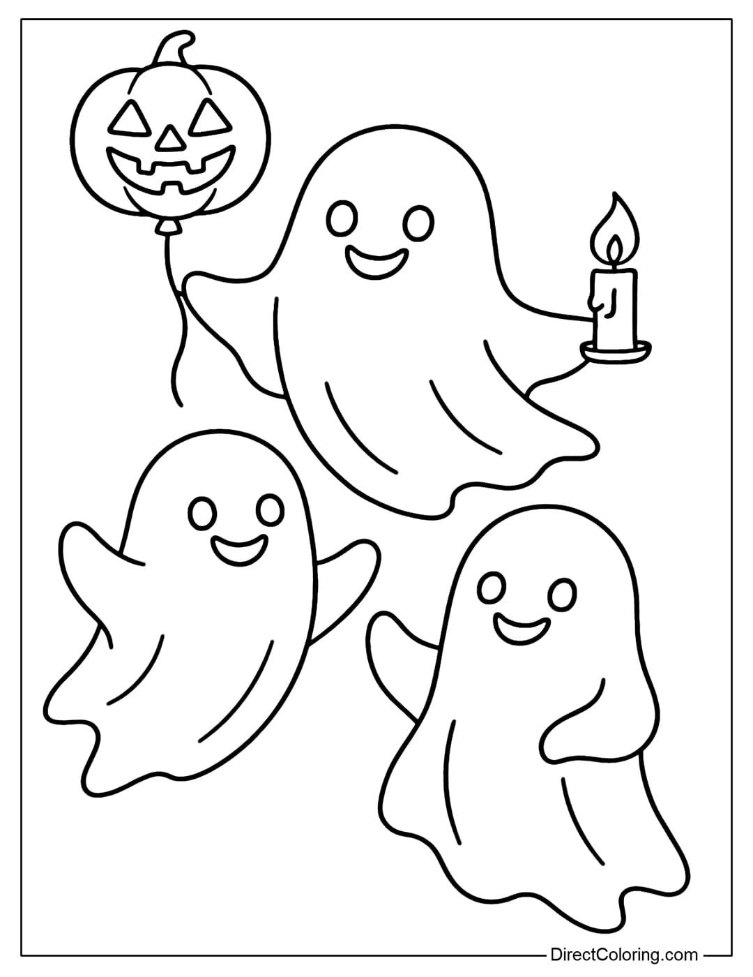 A cute little ghost coloring page, holding pumpkin-shaped balloons and lit candles.