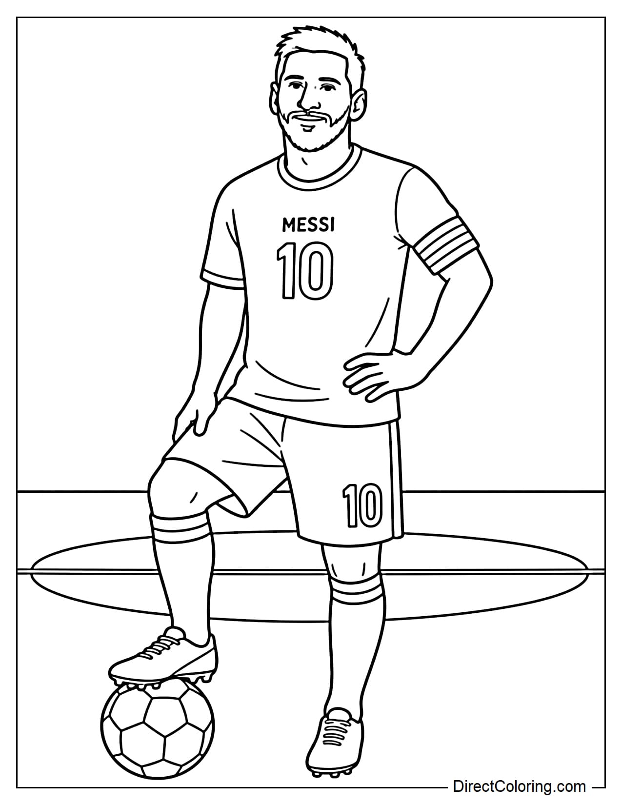 Lionel Messi stands tall and confident, one foot lightly placed on the ball, a relaxed pose, with only a few simple lines of the field behind him.