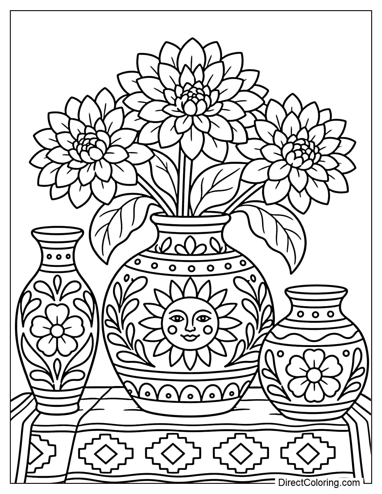 Three Mexican folk art pottery vases of different shapes and sizes are arranged on a cloth. The largest vase in the center holds broad-petaled dahlias, while its surface features sun, flower, and curved-line patterns.