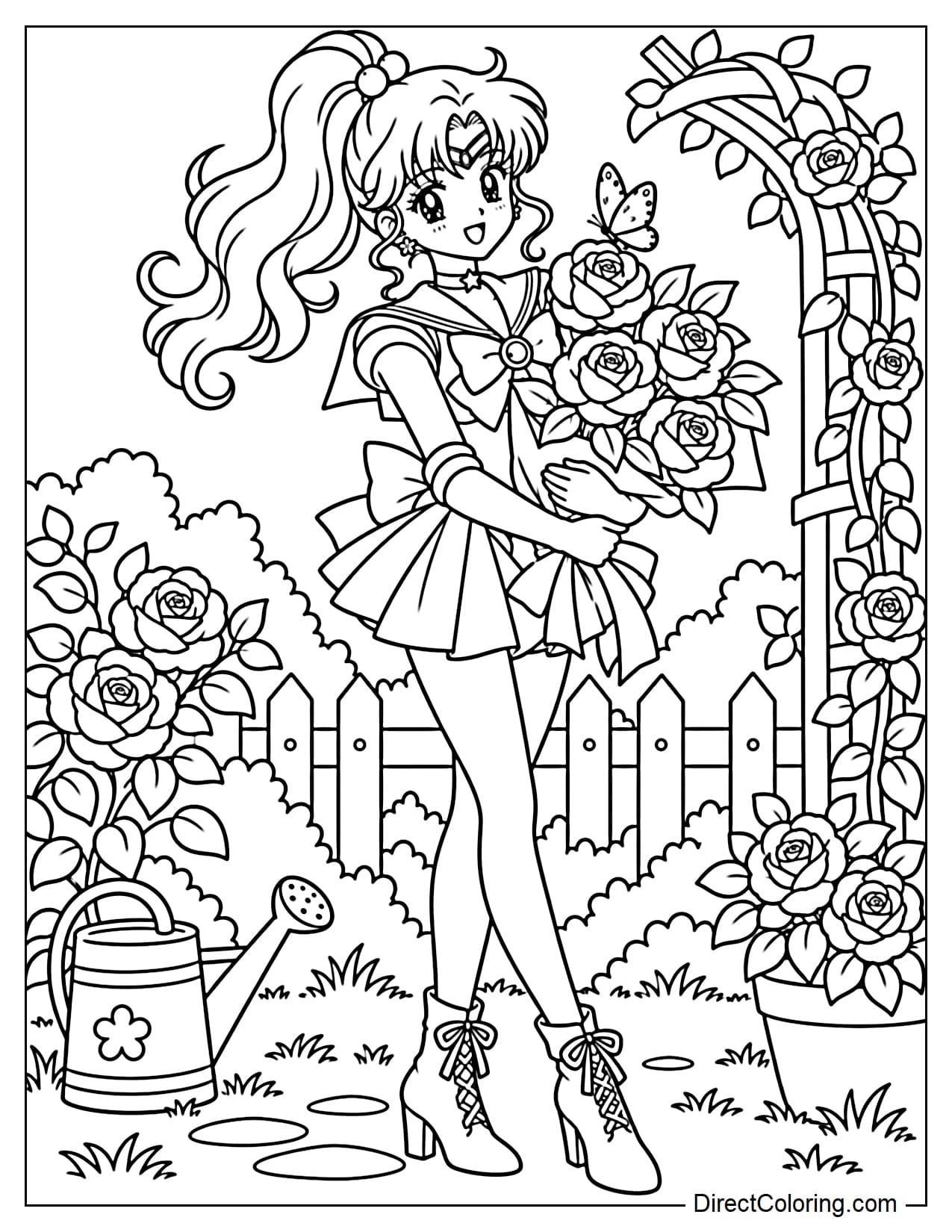 Sailor Jupiter (Makoto Kino) stands in a small garden, holding a large bouquet of freshly picked roses in both arms. Behind her are a low fence, a simple flower trellis, and a watering can resting on the ground.