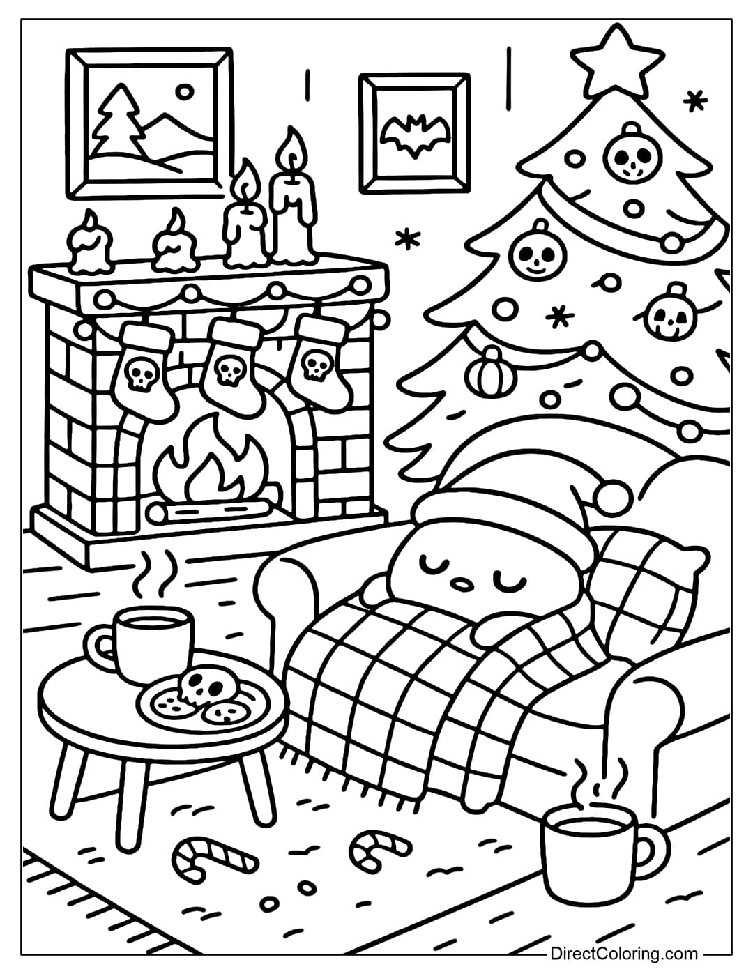 A Santa ghost coloring page sleeping soundly on the sofa, covered with a warm blanket, surrounded by gifts, string lights, and a pine tree.
