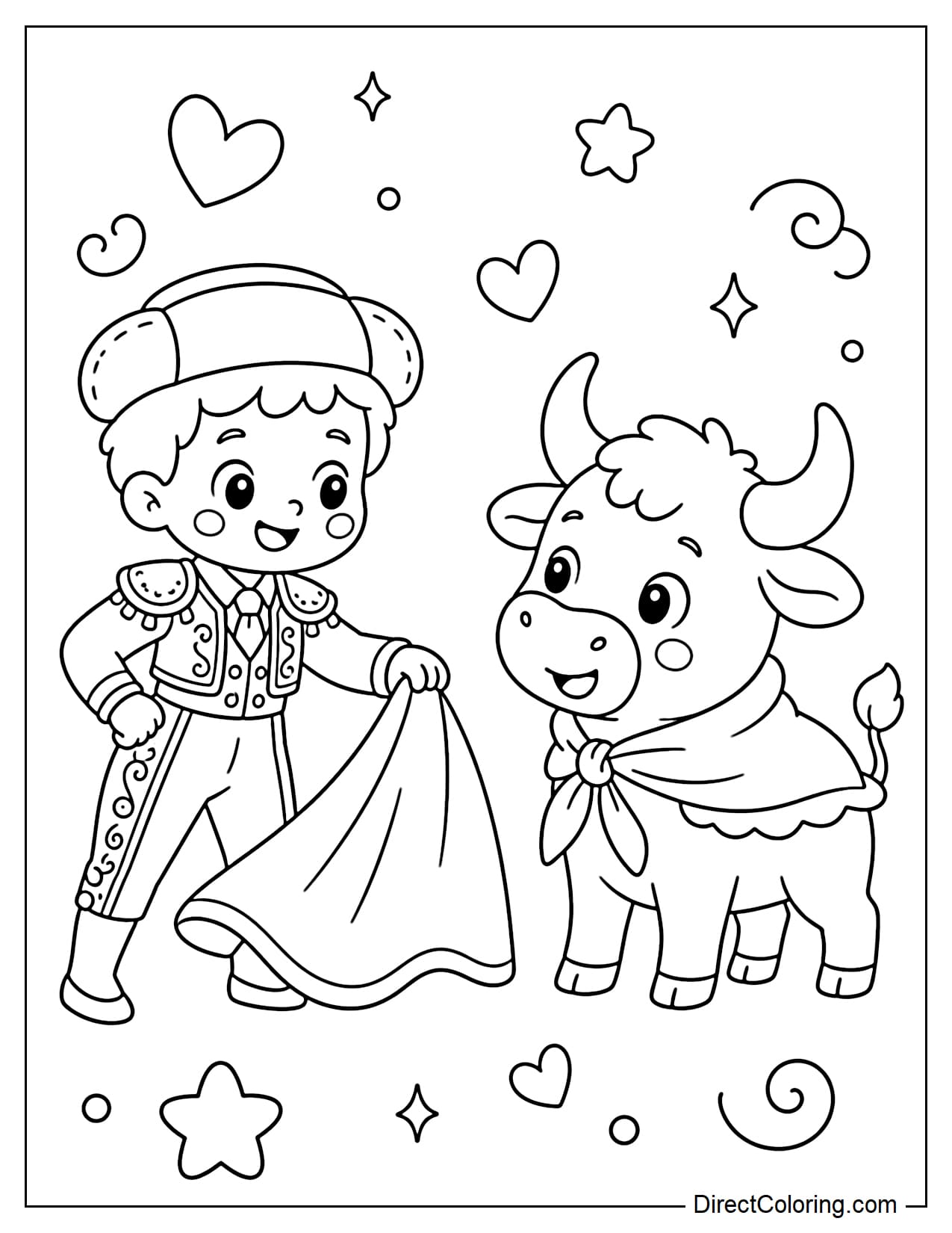 A cute version of a Spanish gladiator and bull, facing each other in a fun, non-scary scene, with scarves and some simple decorations.