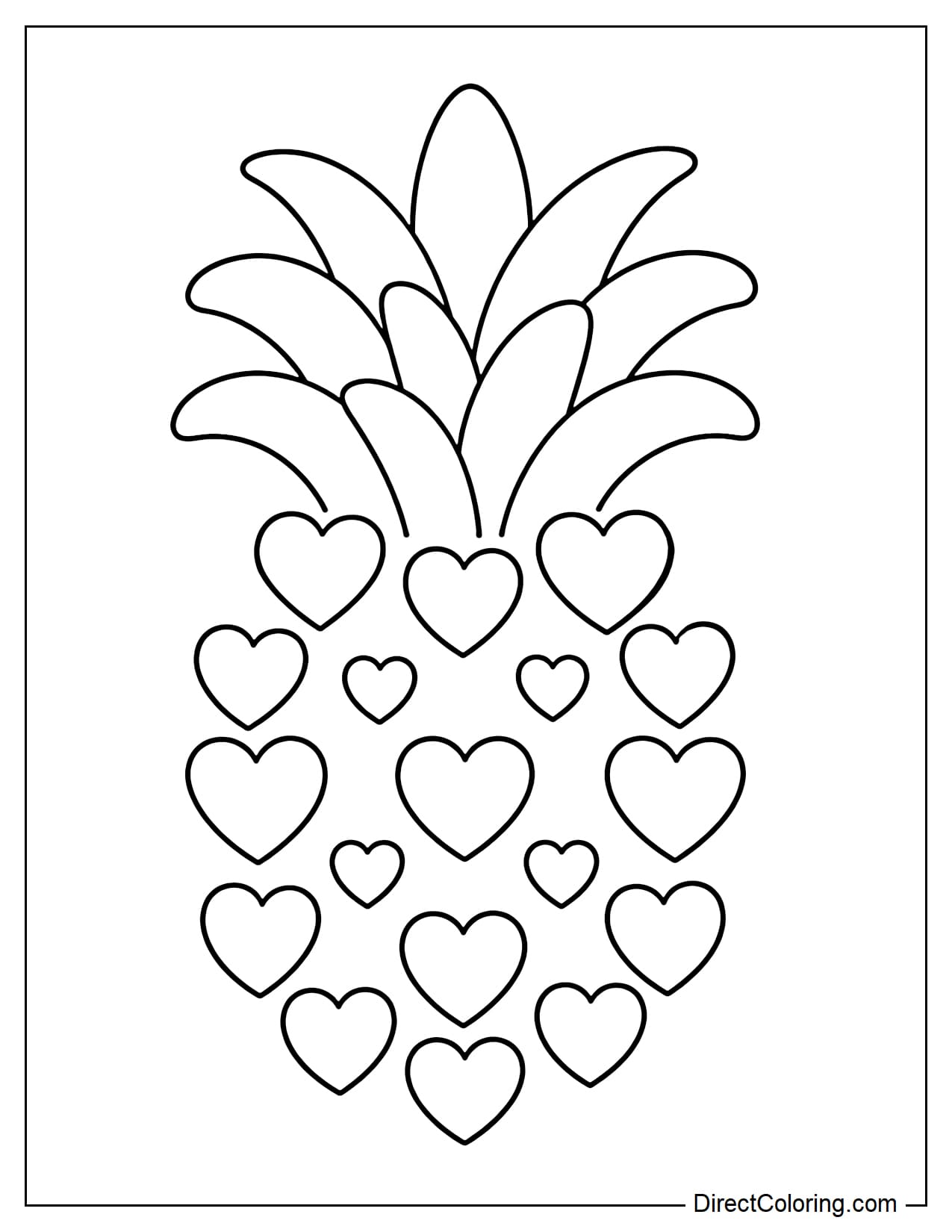 A cute pineapple whose body is made entirely of many large and small hearts simply joined together.