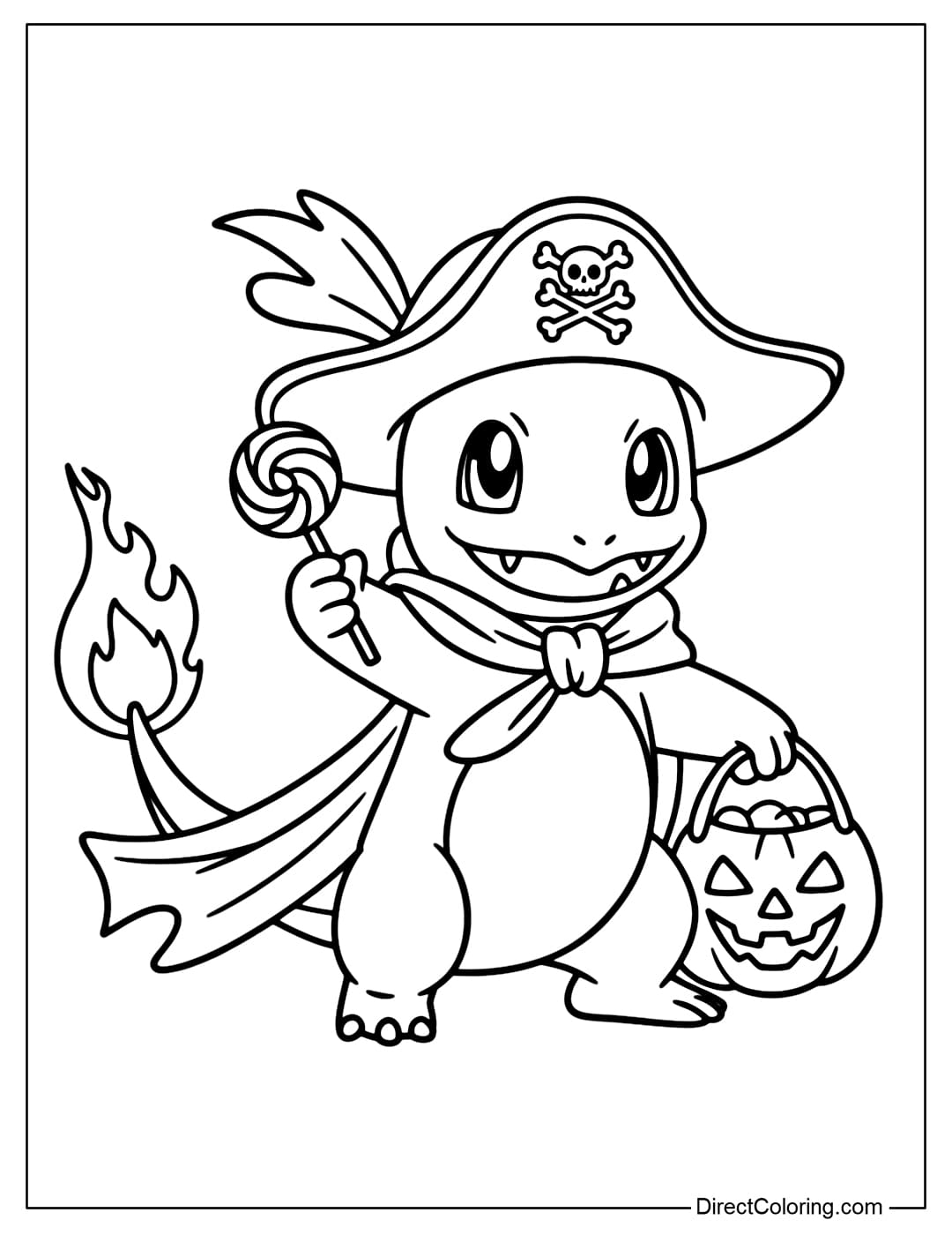 Charmander coloring page dressed as a pirate, wearing a wide hat and a black cape, holding a lollipop and a pumpkin-shaped candy bag.