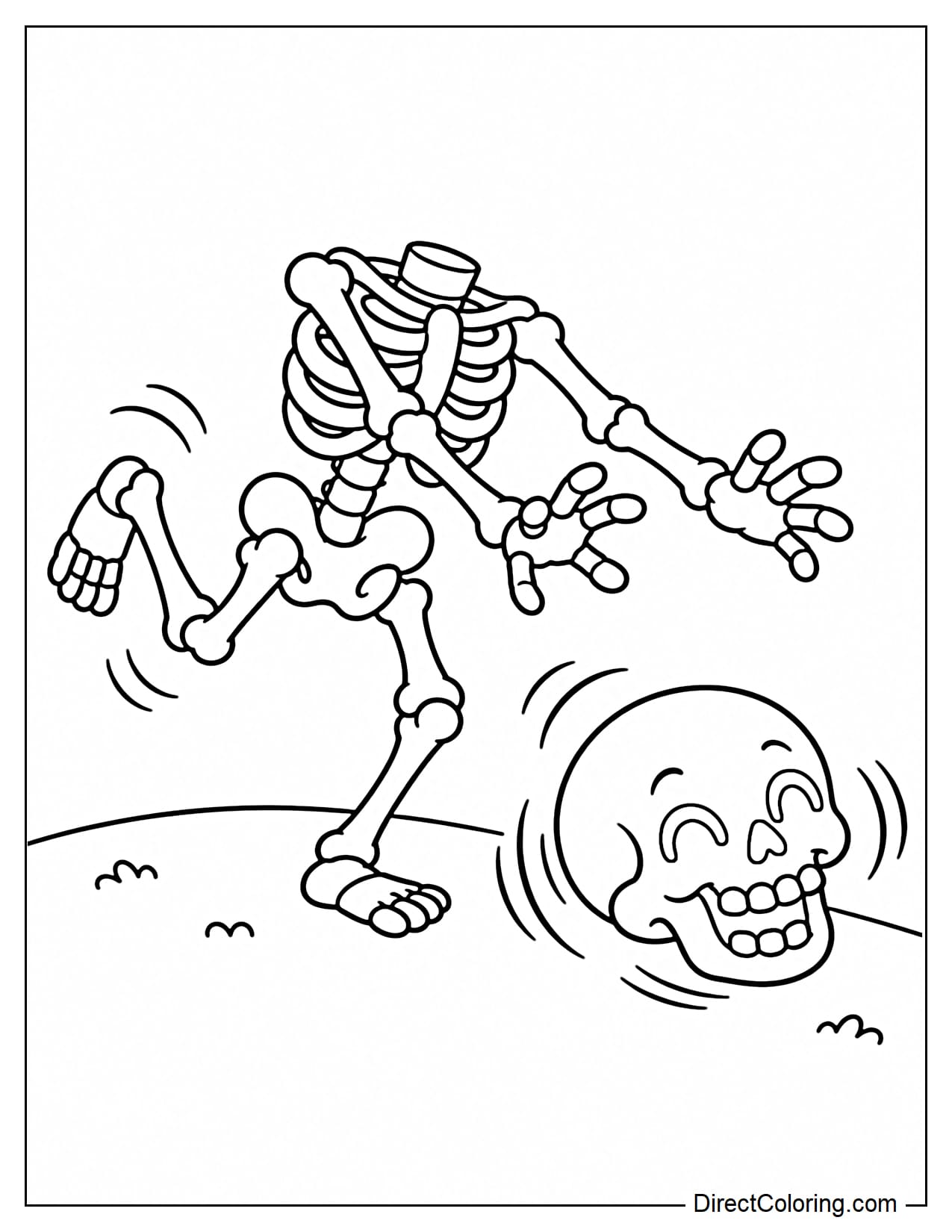 A headless skeleton is playfully running after its own skull as it rolls ahead, reaching both hands forward to catch it.