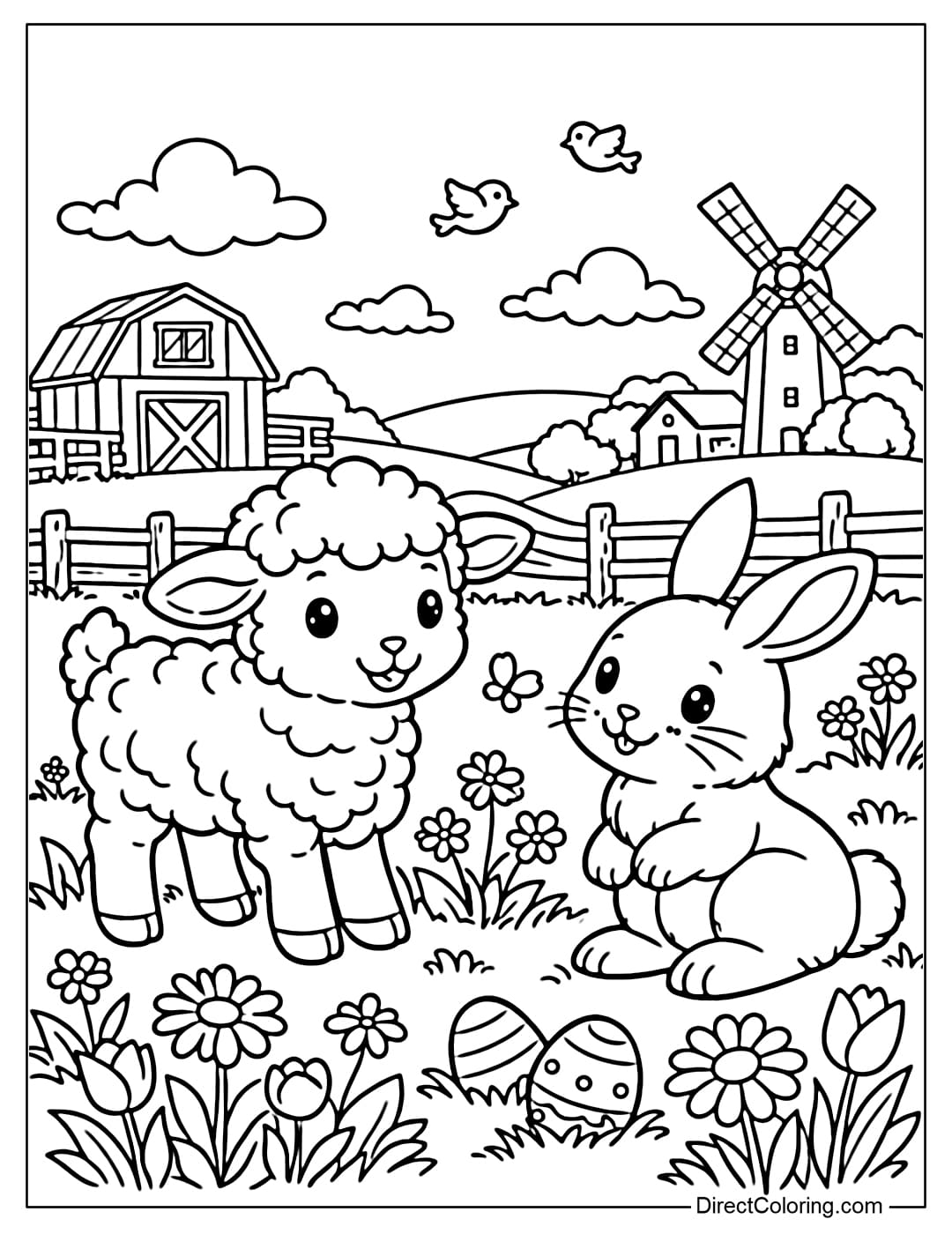 Coloring page of farm animals like lambs and rabbits standing in a spring meadow.