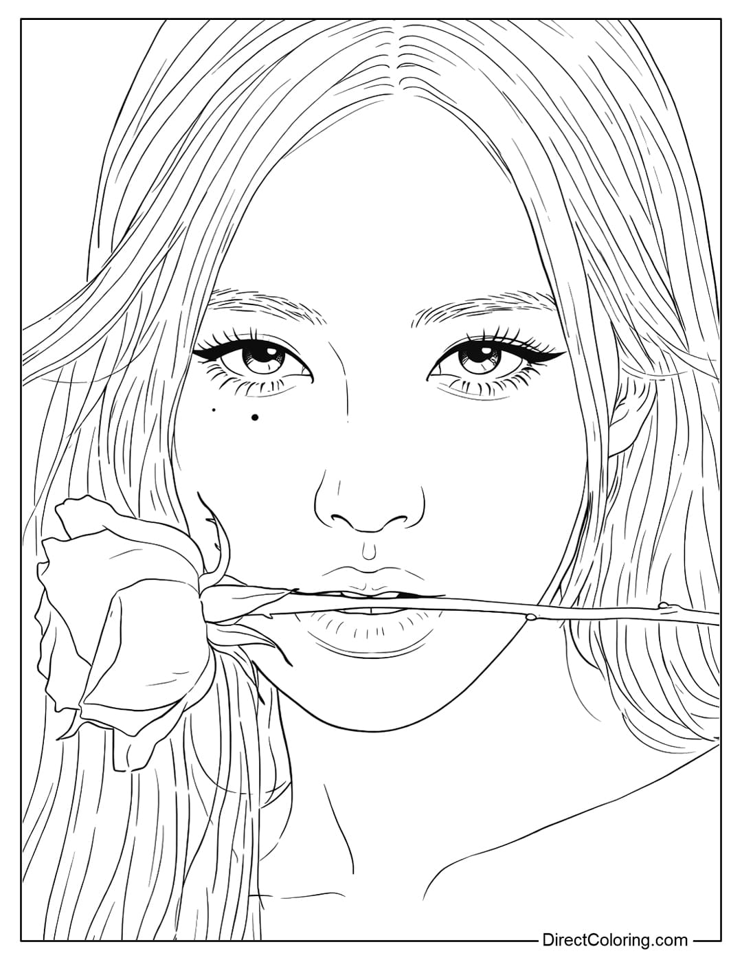 A coloring page of Rosé Blackpink with a gentle gaze, biting a rose on her lip.