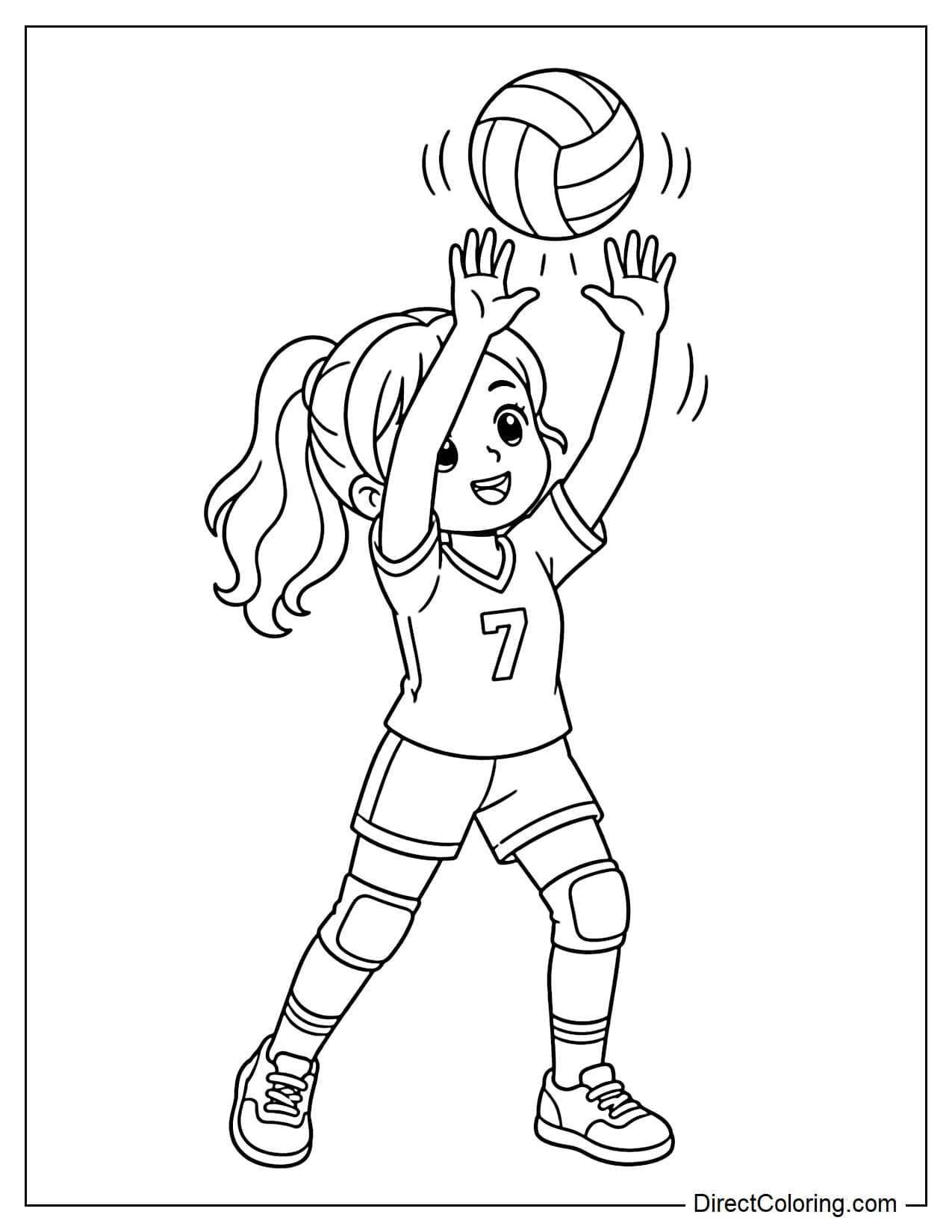 A young girl volleyball player is raising both hands above her head to set the ball, with the volleyball positioned just above her fingertips.