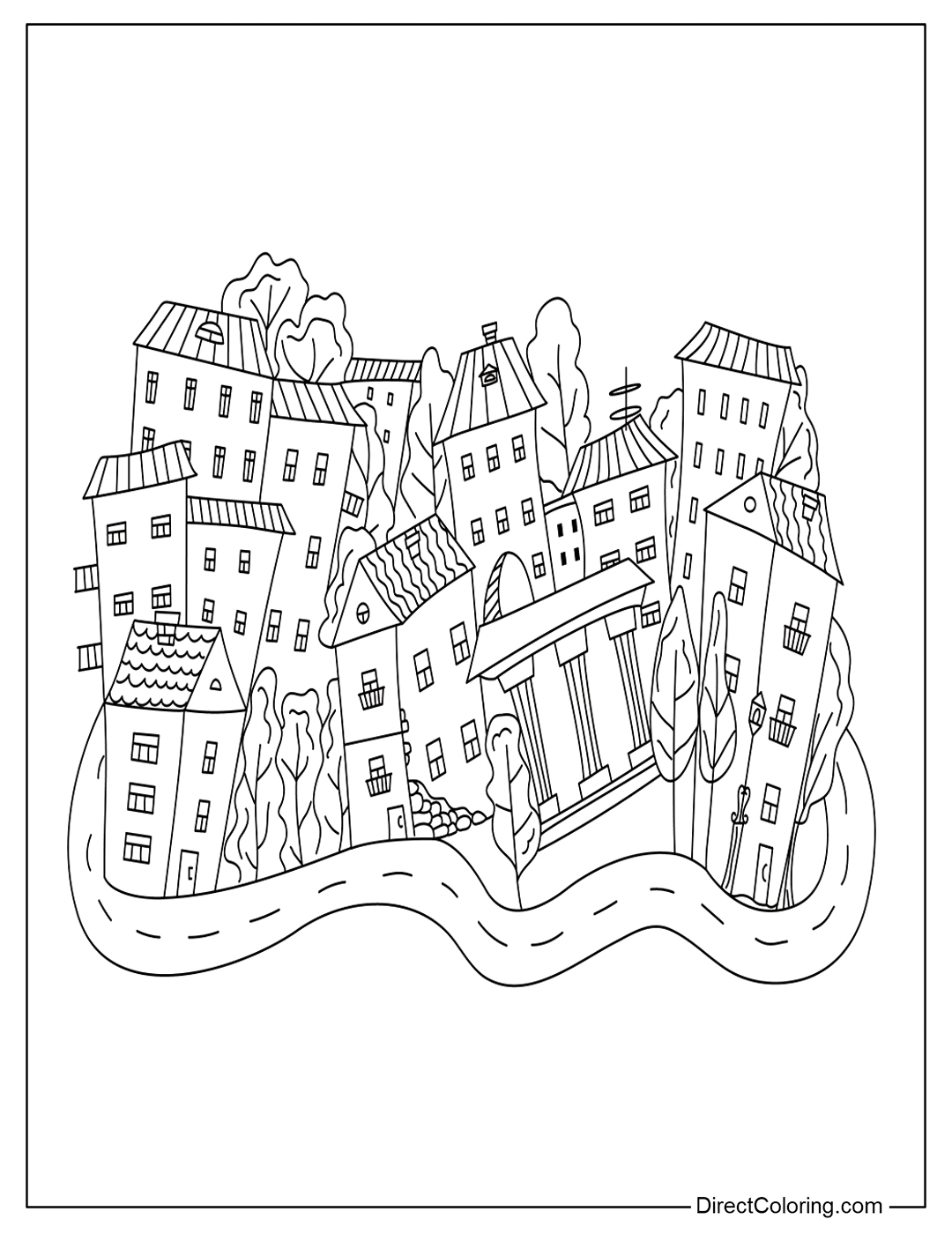 Houses, Street, old European City Coloring Sheet
