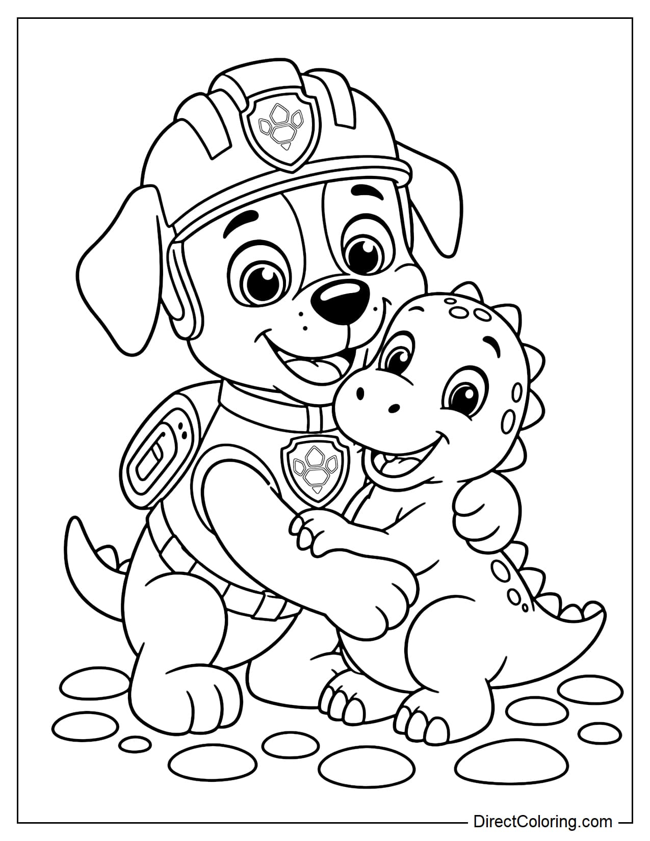 Rex gently hugs an adorable baby dinosaur while both smile happily, with a few round rocks below.