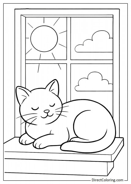Cat lying in warm sunlight on the window coloring page
