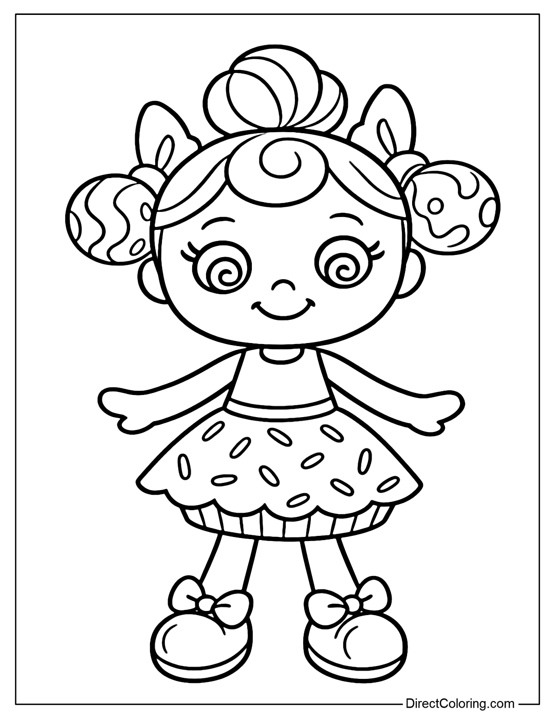 Sally doll coloring page wears a cupcake dress covered with sprinkles, her hair is in a round bun, each side is tied with a large candy. Her face is always smiling with her eyes closed, full of sweetness.