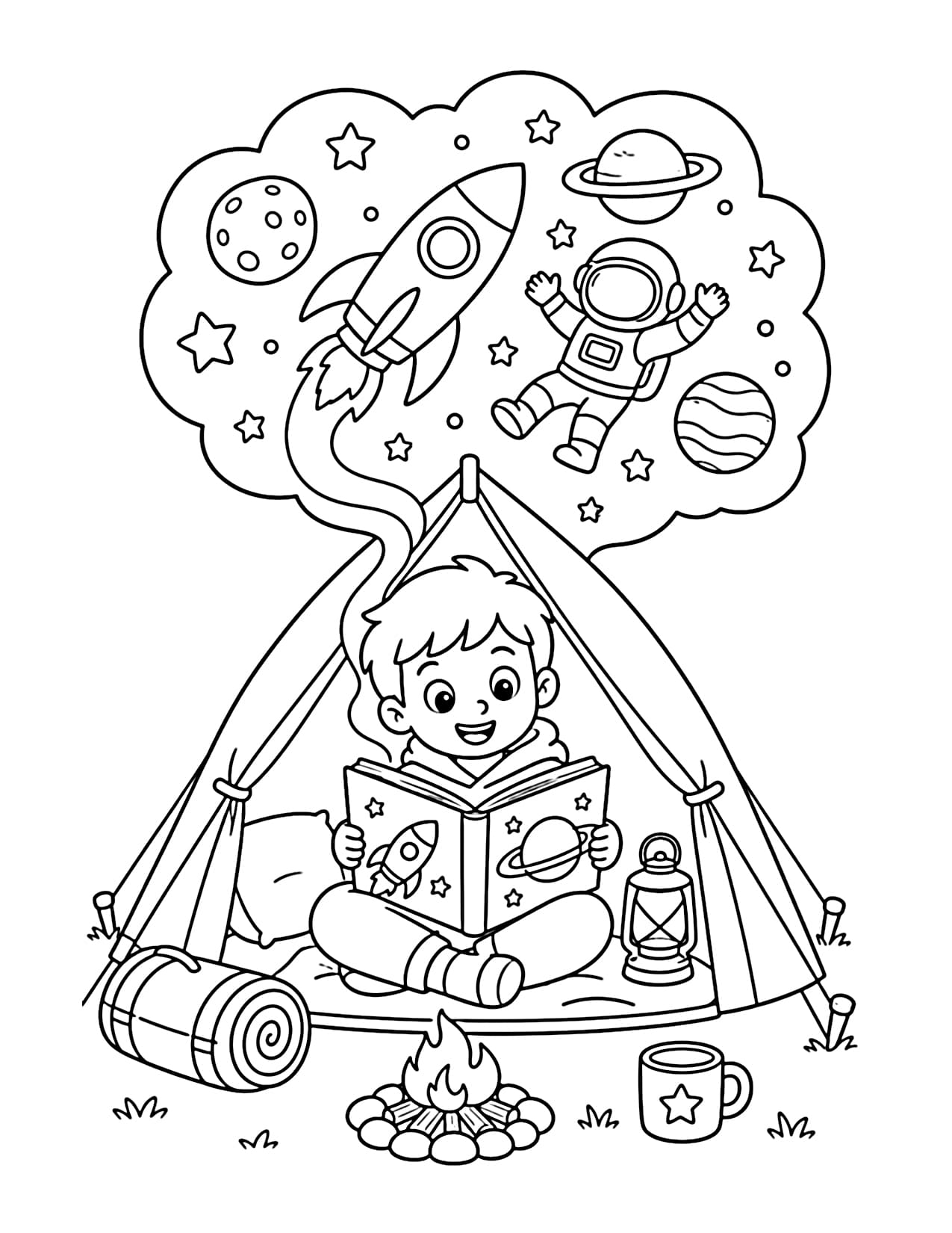 A child sits reading a book about space in a tent, with rockets, planets, stars, and a small astronaut in an imaginary bubble appearing above the book.