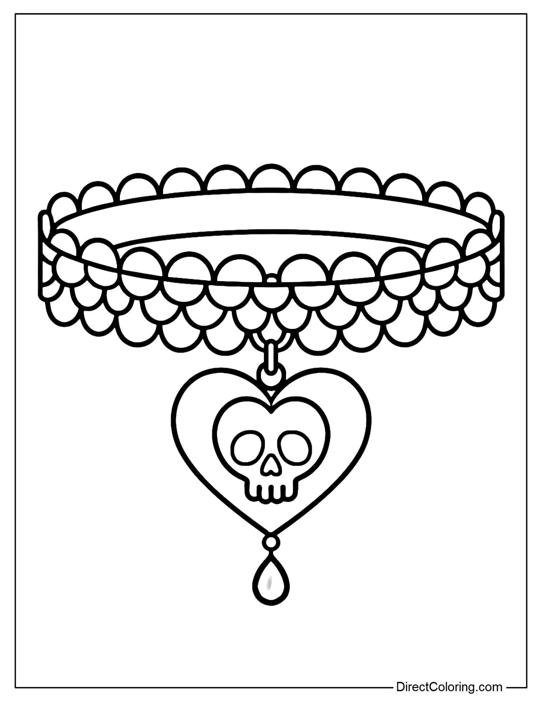 Coloring page for a lace choker necklace with a skull heart pendant and a black pearl hanging down.