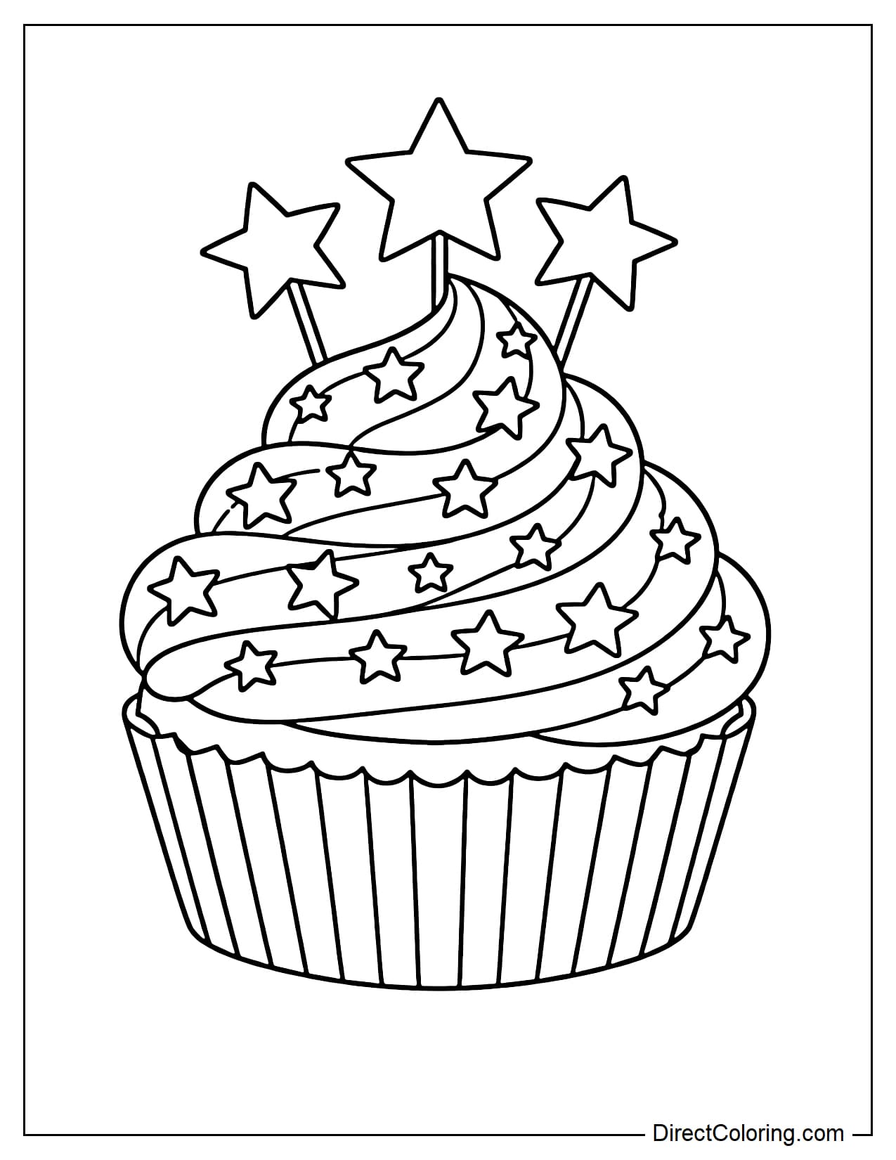A large cupcake with a frosting decorated with simple stars, topped with more stars.