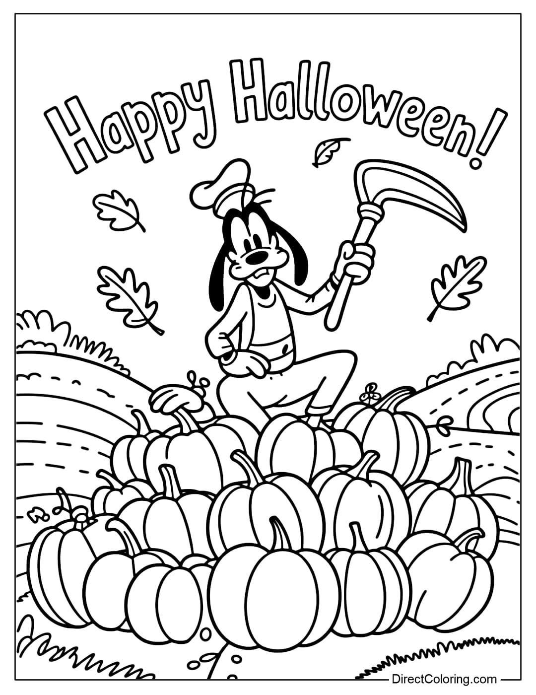 Goofy coloring page sitting on a spooky pumpkin mountain, holding a sickle, looking clumsy.