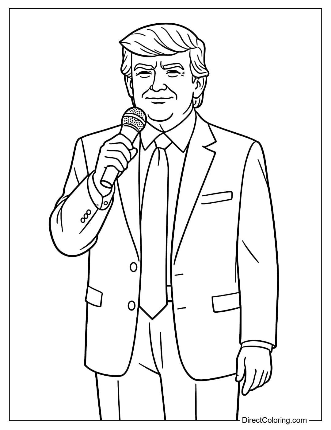 A coloring page of Donald Trump holding a microphone while speaking.