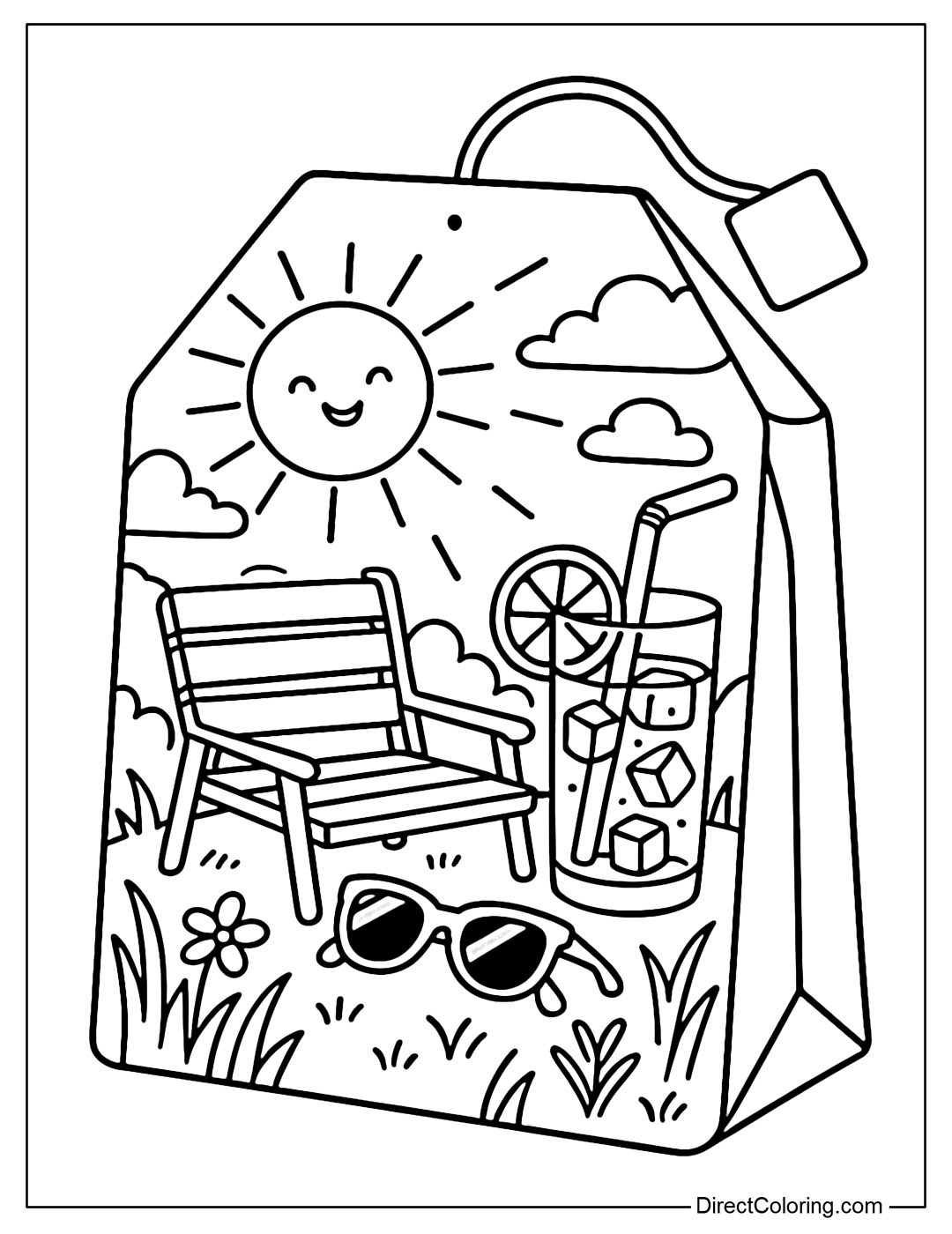 Tea bag coloring page with a summer scene: a bench, a cool glass of water with a slice of lemon, sunglasses, and a smiling sun above.