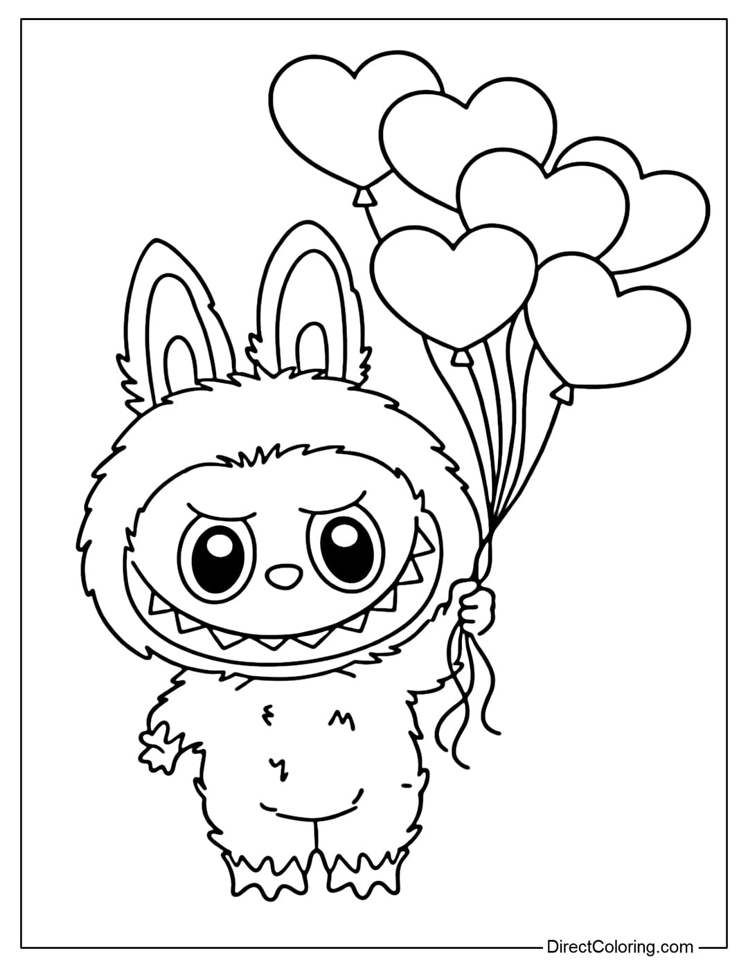 A coloring page featuring Labubu holding a bunch of heart-shaped balloons with soft, curved strings. The balloons are simply drawn and easy to color.