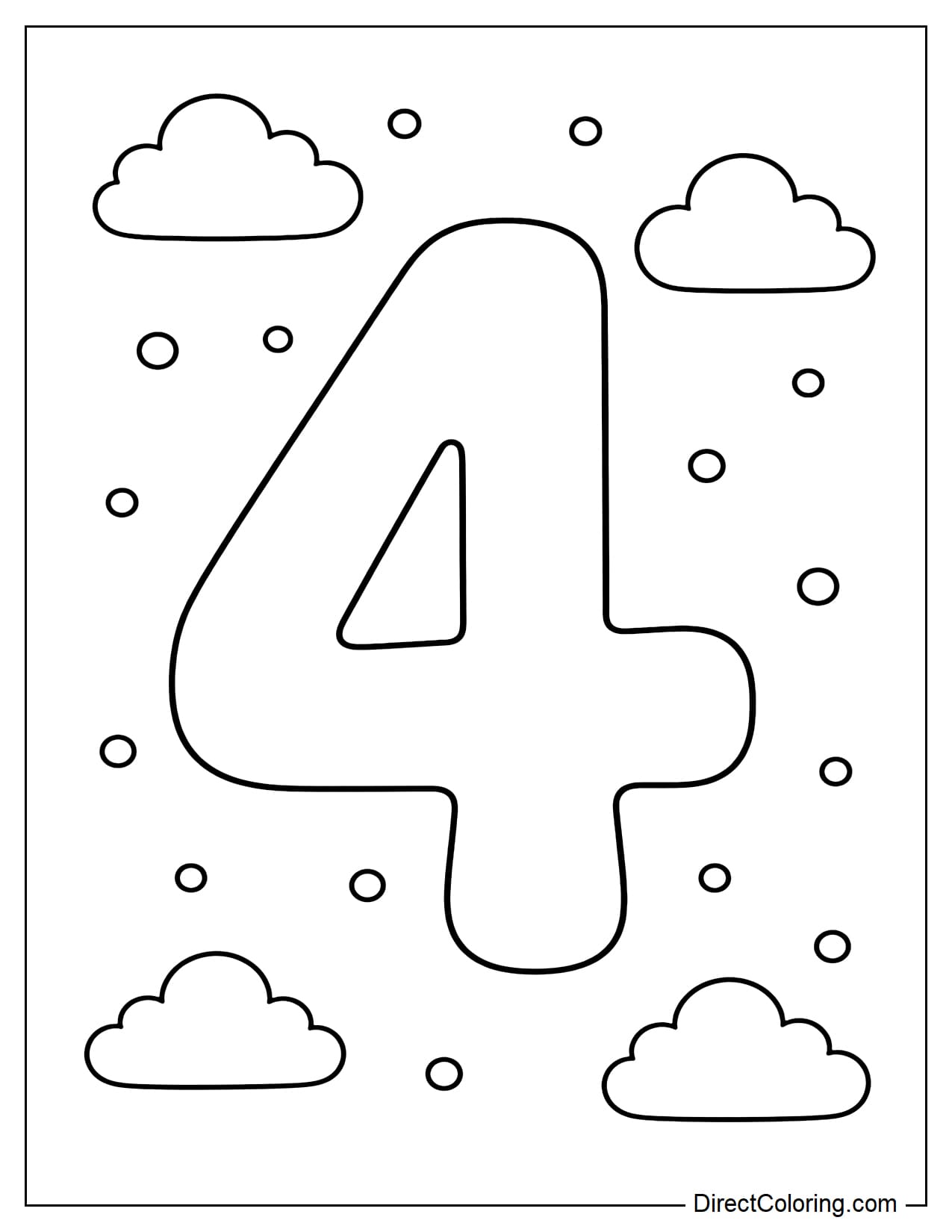 A large, simple number 4 surrounded by a few small clouds and dots.