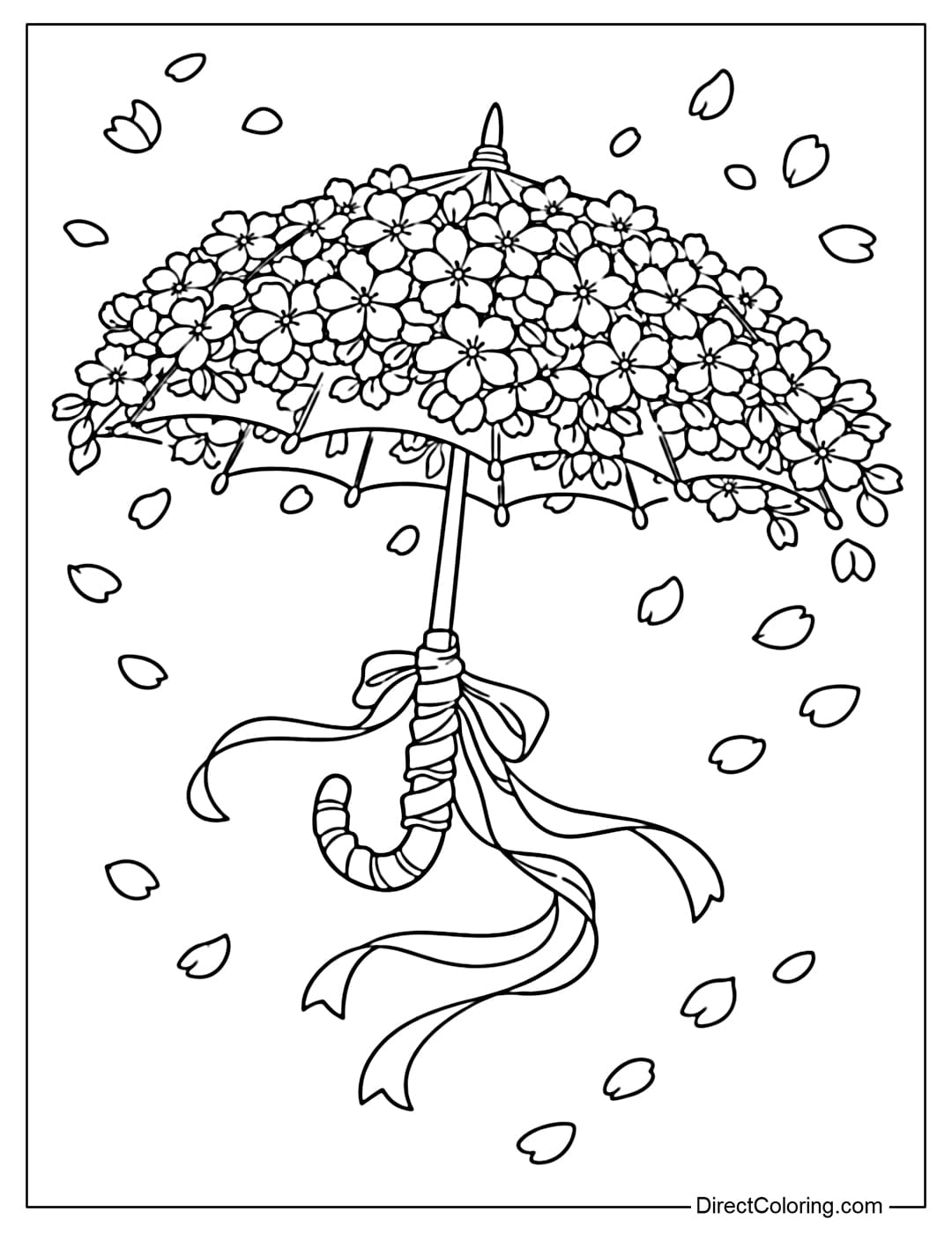 A coloring page of a spring umbrella covered in blooming cherry blossoms, with a handle wrapped in soft ribbon.