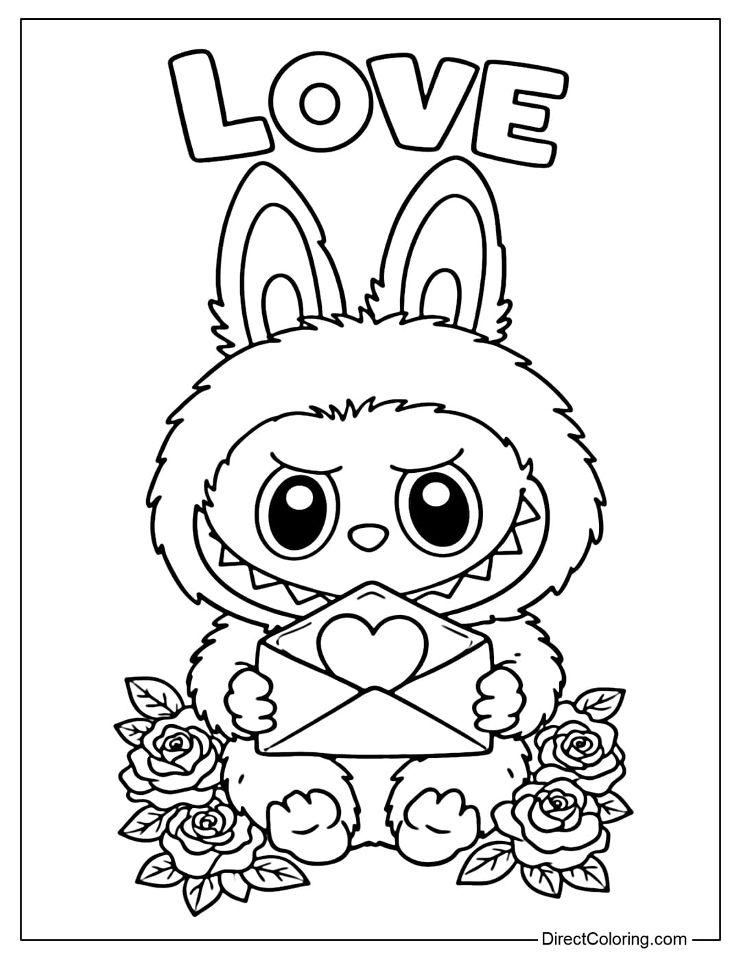 Labubu is holding a heart-shaped envelope, slightly open, with a cute and gentle expression.