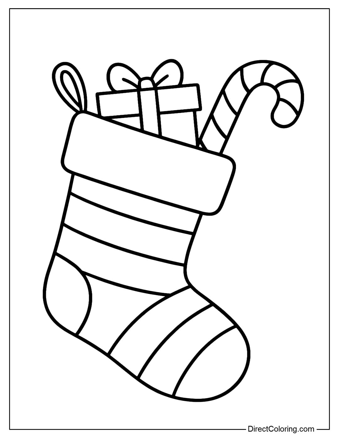 Christmas stocking ornament with gift wrap and candy cane coloring page.