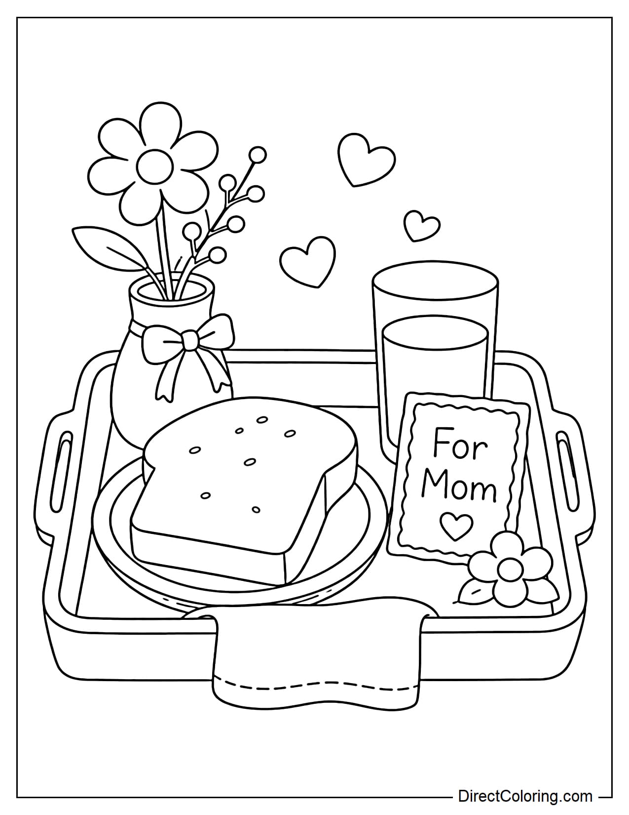 A breakfast tray in the center with bread, a cup of water, and a small card that says 