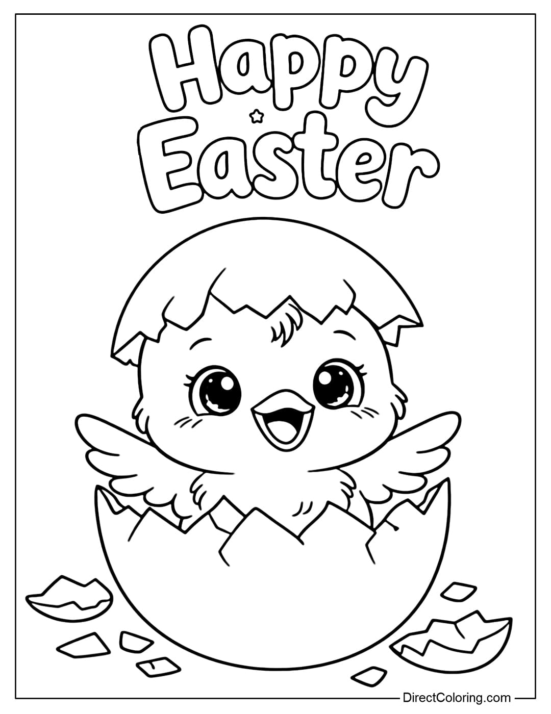 A coloring page featuring a chick hatching from its egg with an adorable expression. Above it is the word 