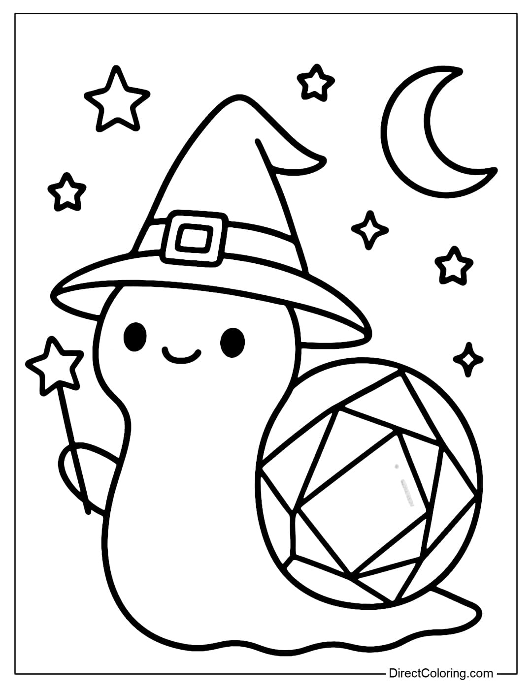 Coloring Page A snail wearing a wizard's hat, holding a small magic wand, its shell glowing like a crystal, surrounded by stars and moons.