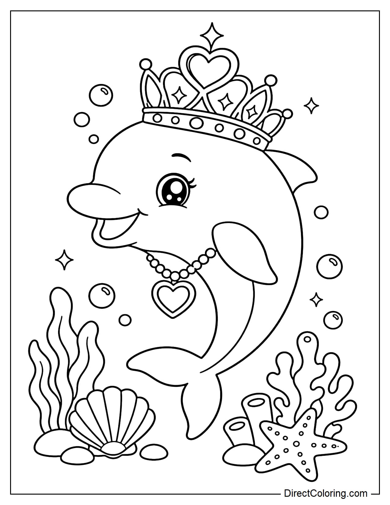 A dolphin is wearing a large, sparkling crown, with a simple heart necklace around its neck, like an ocean princess.