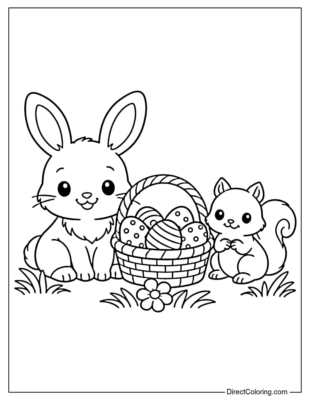 A cute Easter bunny coloring page featuring a bunny sitting next to a squirrel, with a basket of Easter eggs between them.