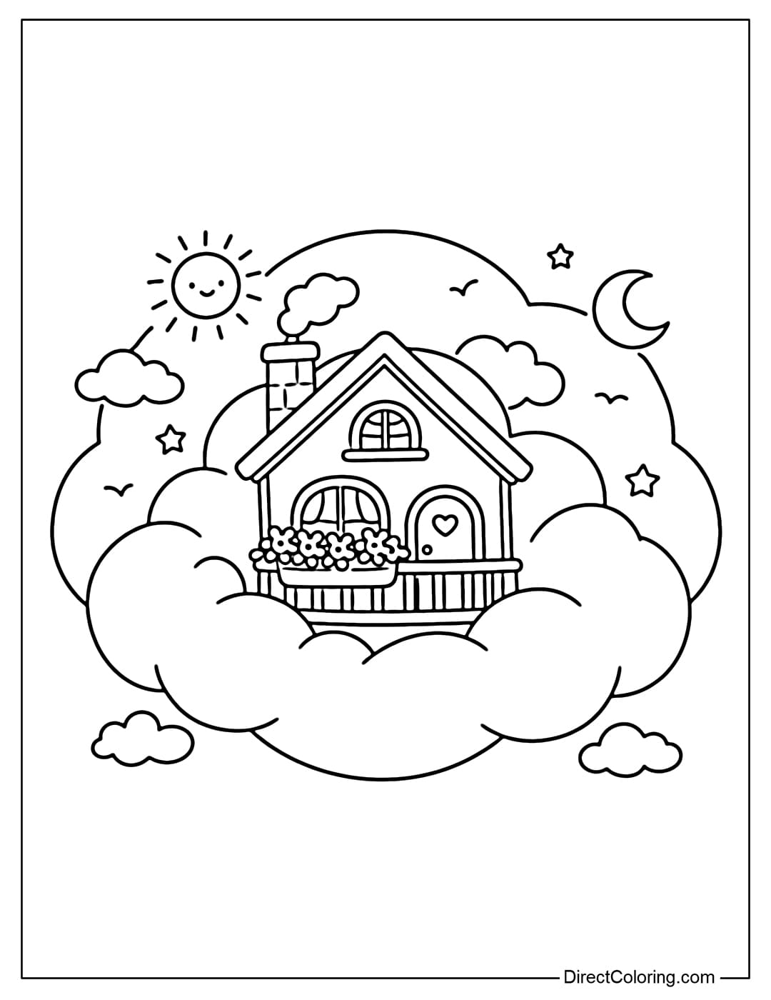 A coloring page of a small house nestled in a round cloud, with windows and a small balcony with pretty flower pots.
