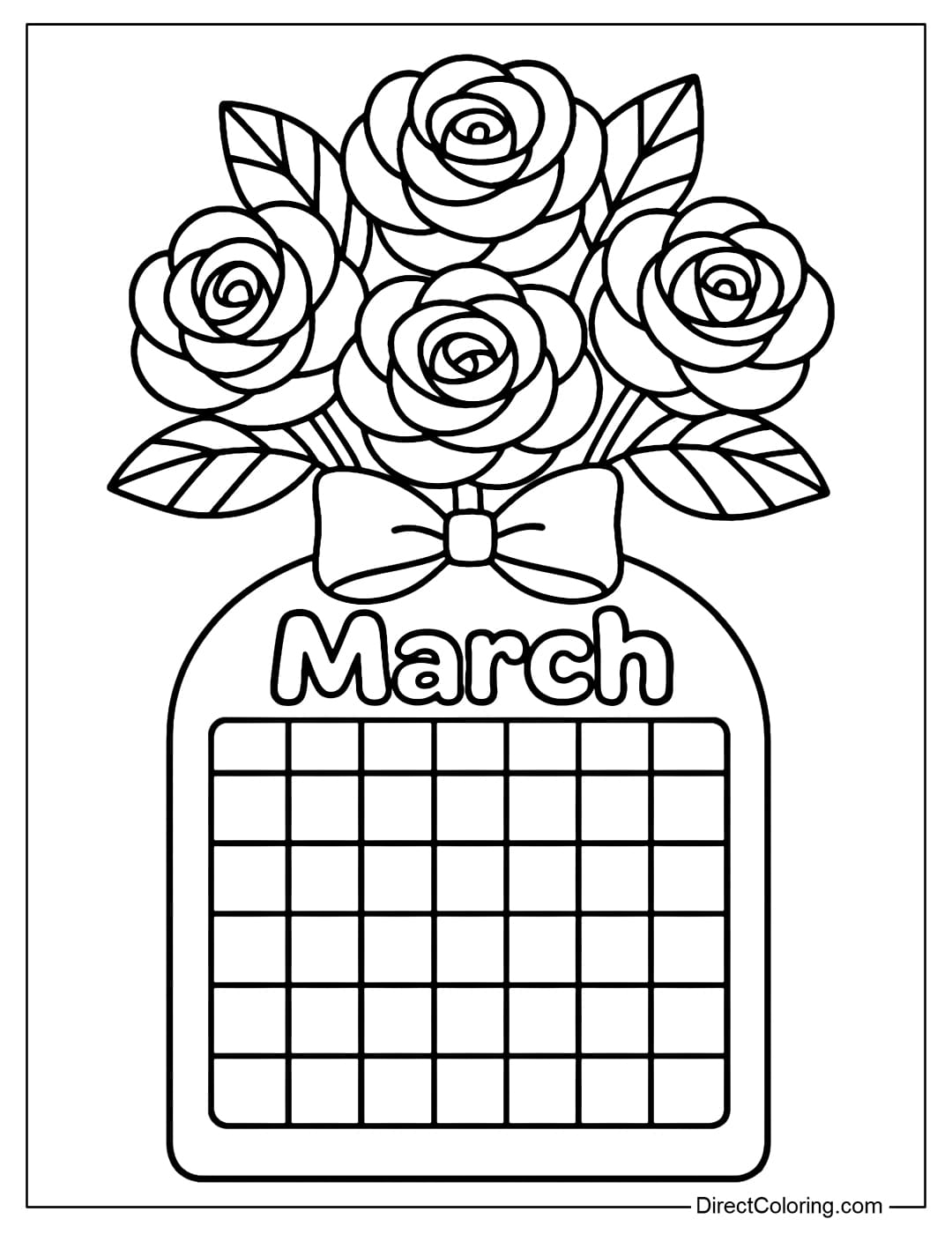 March&nbsp;calendar coloring page features a rounded calendar frame at the bottom and a large bouquet of roses at the top.